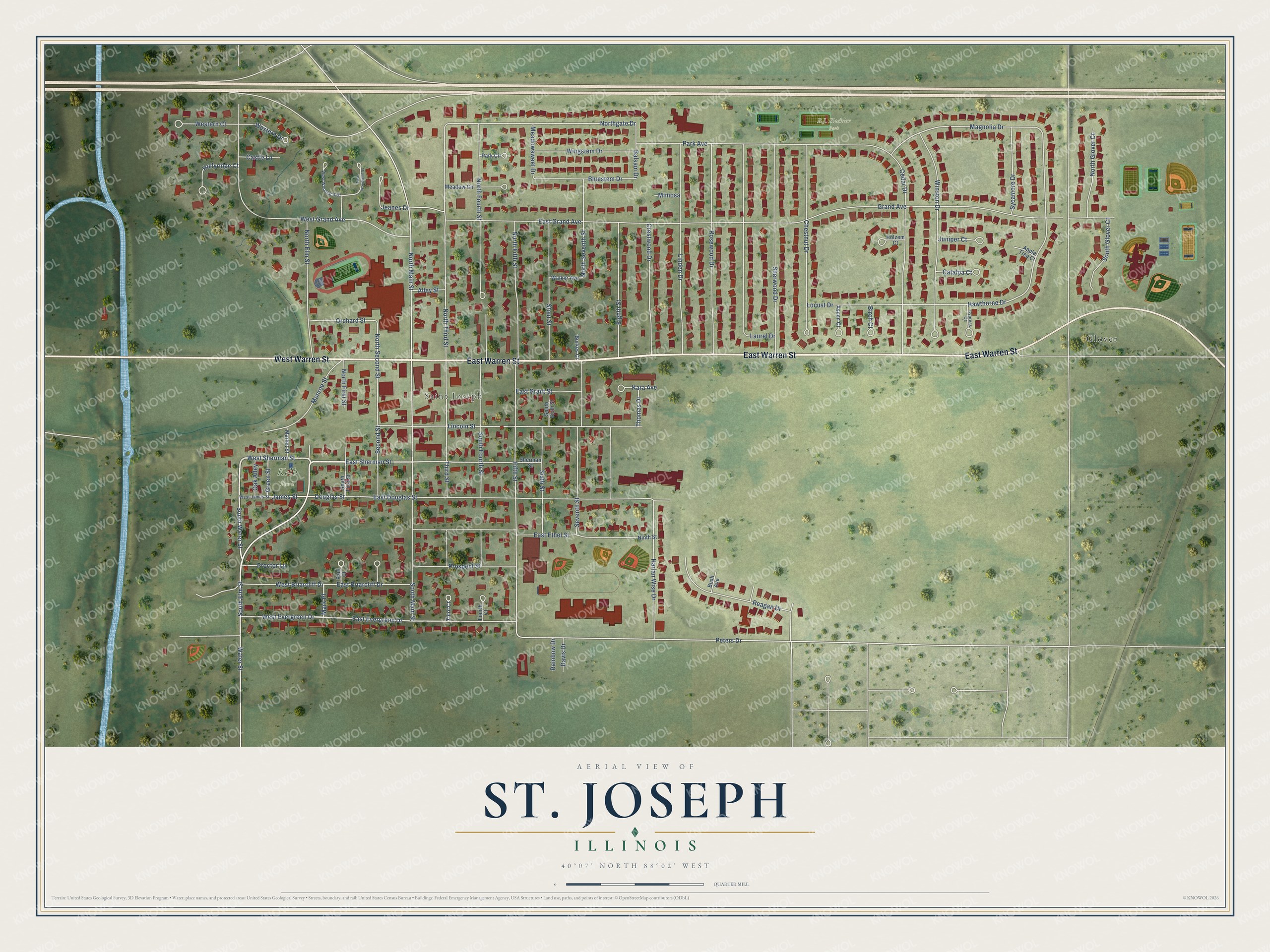 Full map of St. Joseph, Illinois, with red buildings, printed street names and the land around them