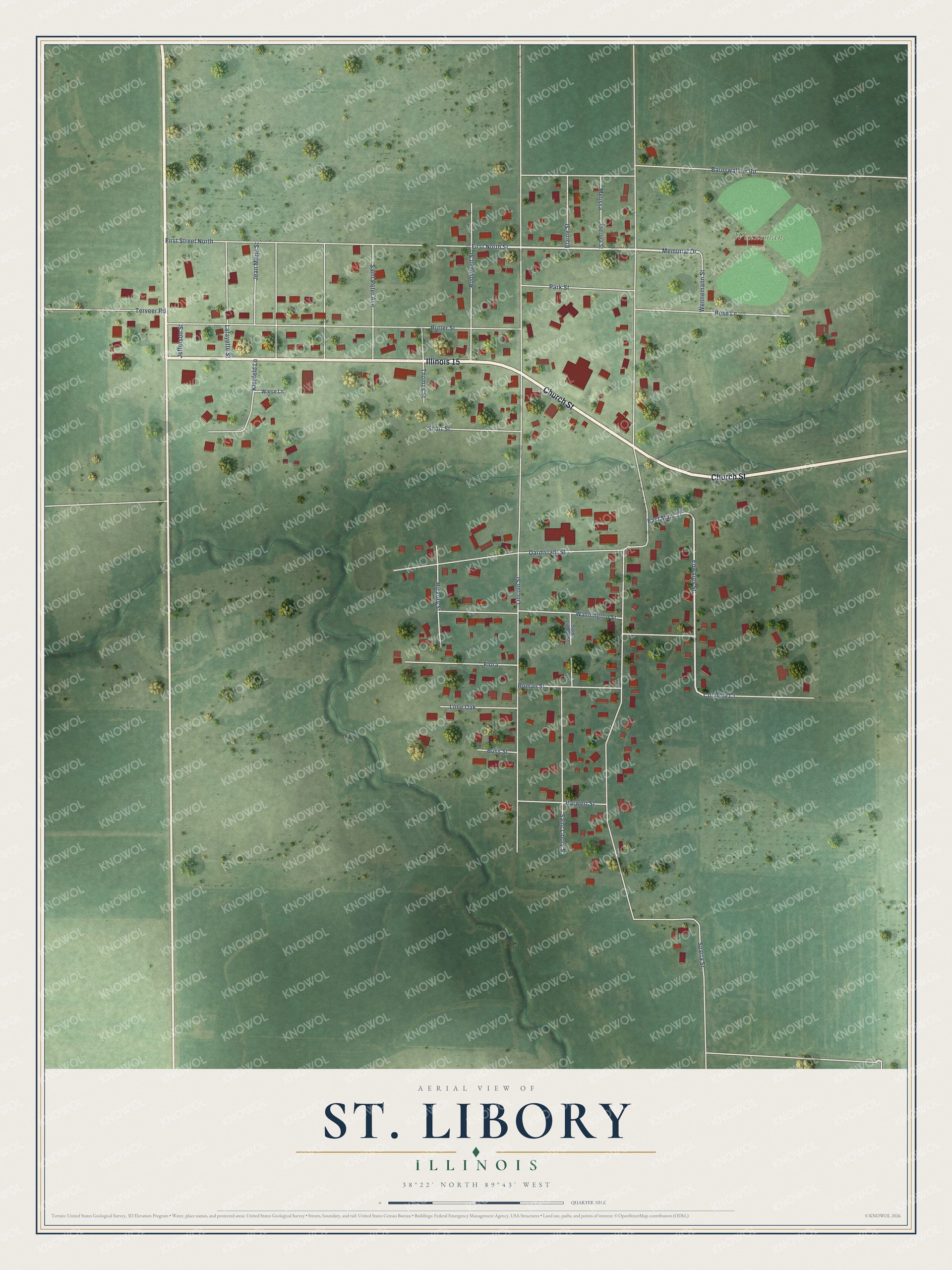 Full map of St. Libory, Illinois, with red buildings, printed street names and the land around them