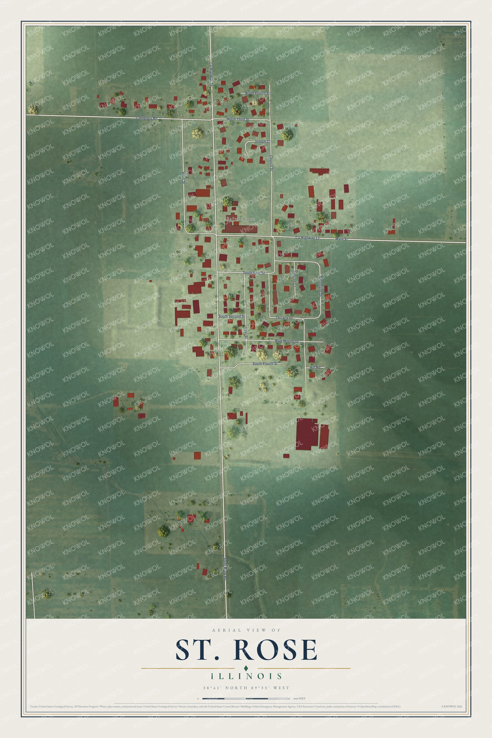 Full map of St. Rose, Illinois, with red buildings, printed street names and the land around them