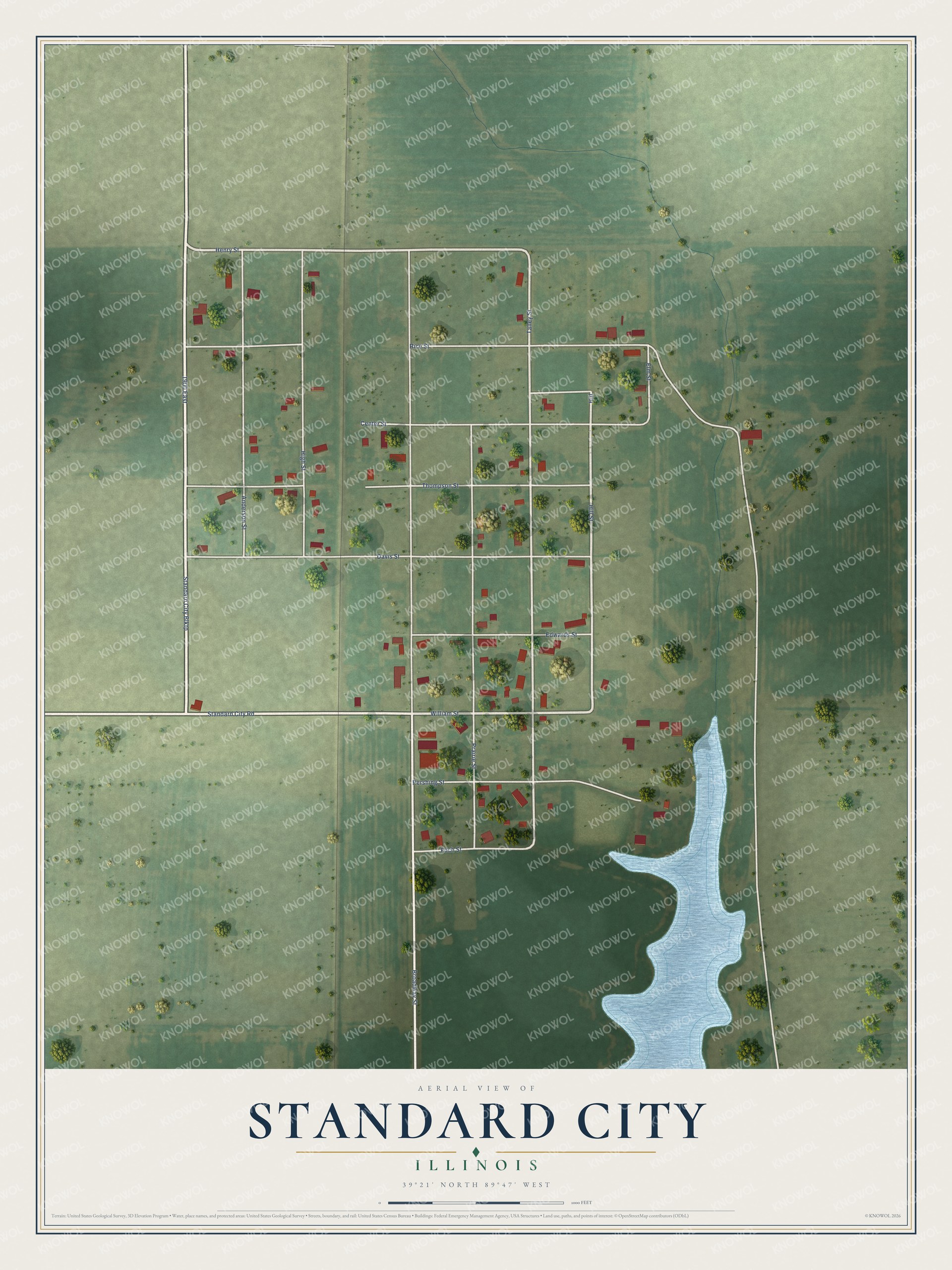 Full map of Standard City, Illinois, with red buildings, printed street names and the land around them