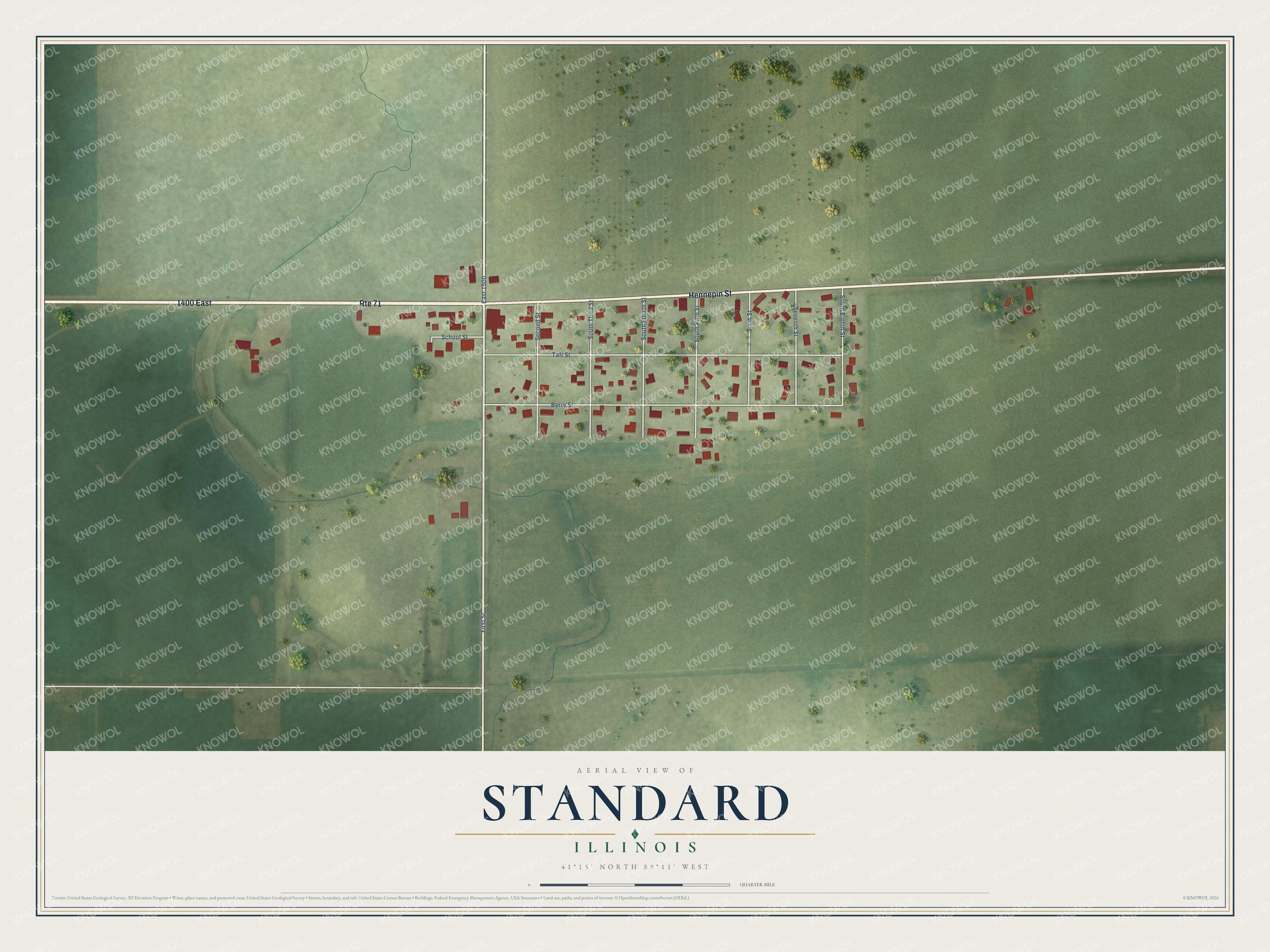 Full map of Standard, Illinois, with red buildings, printed street names and the land around them