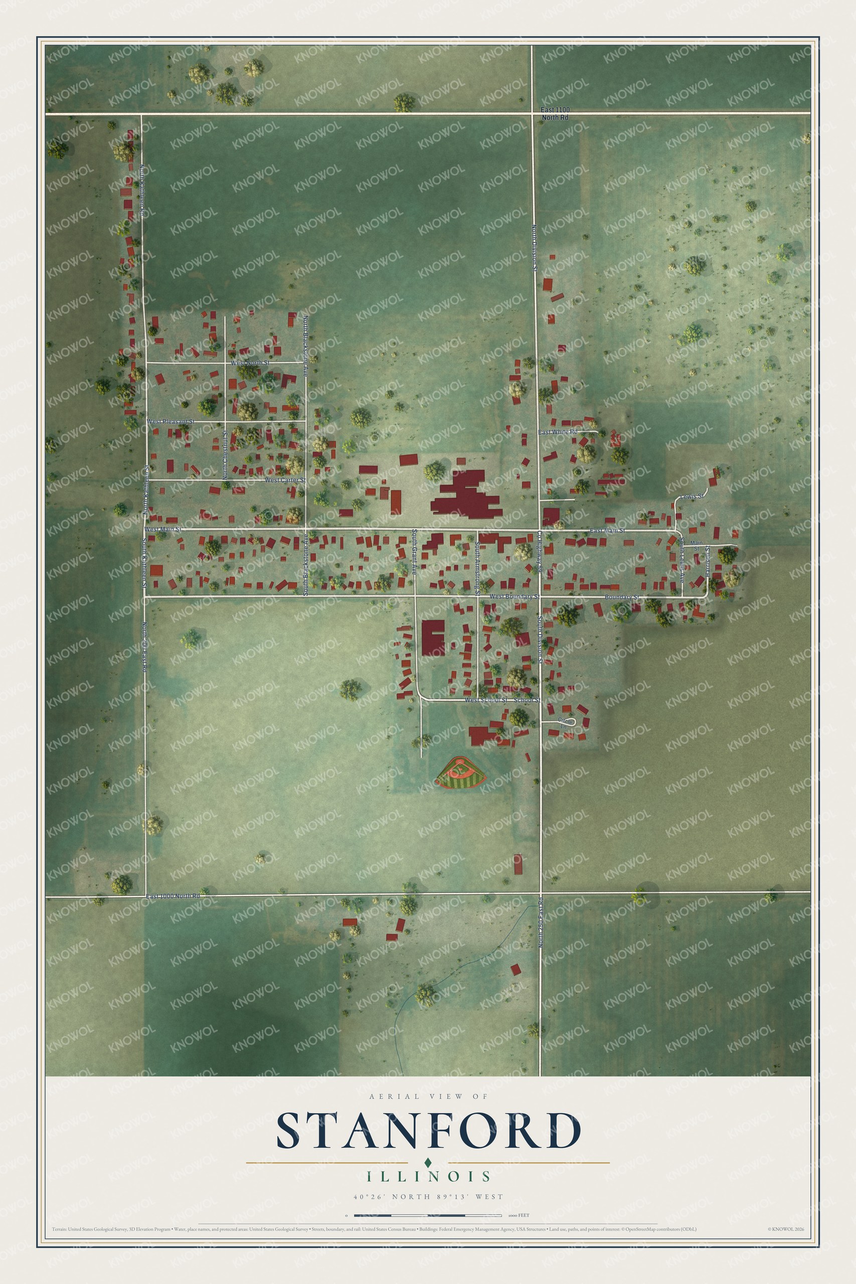 Full map of Stanford, Illinois, with red buildings, printed street names and the land around them