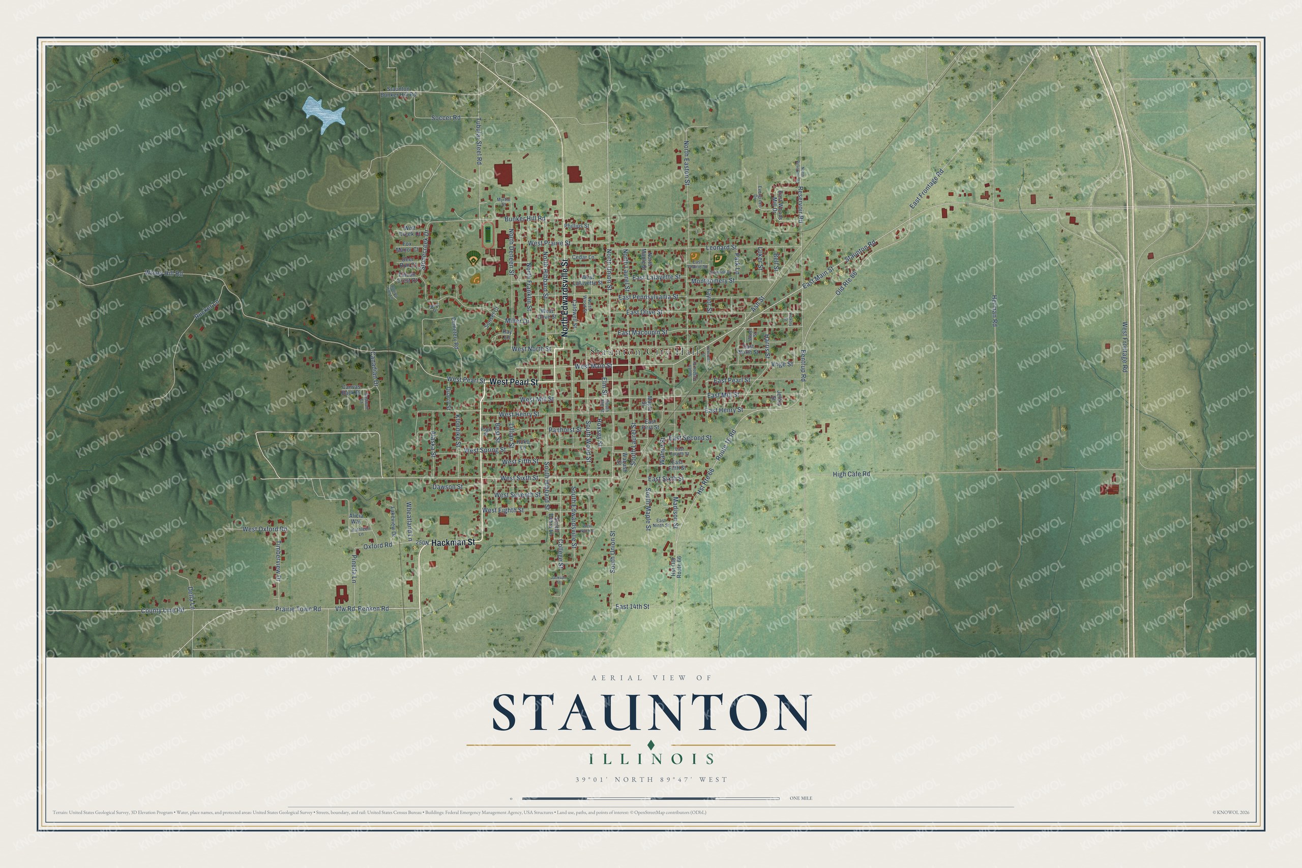 Full map of Staunton, Illinois, with red buildings, printed street names and the land around them