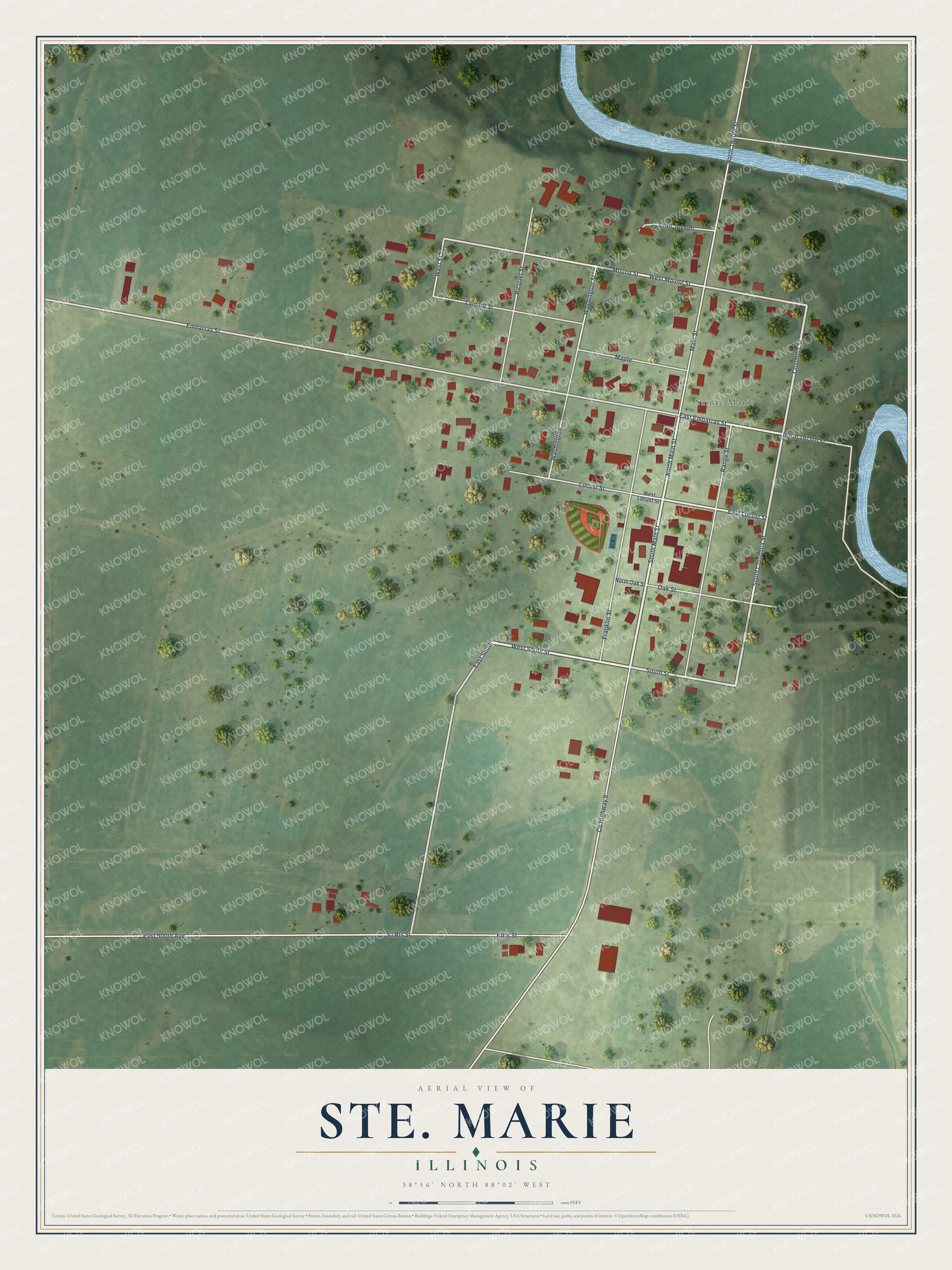 Full map of Ste. Marie, Illinois, with red buildings, printed street names and the land around them