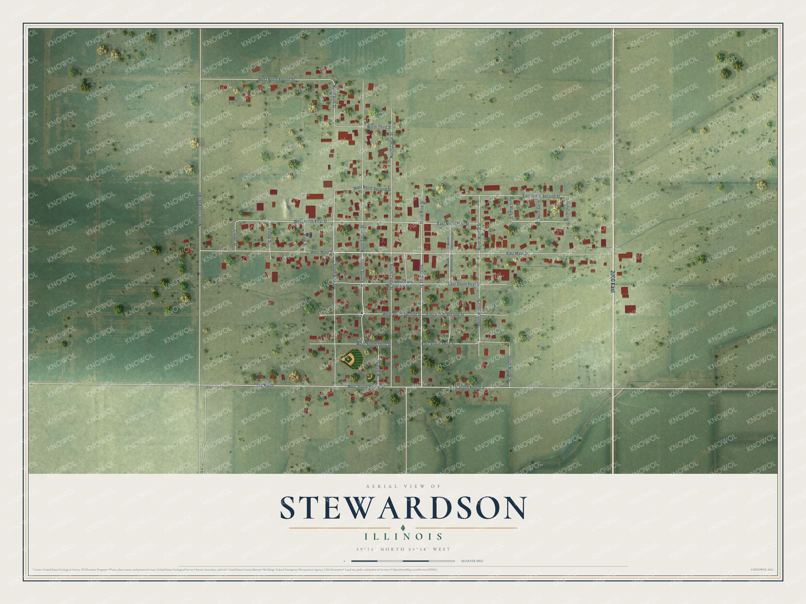 Full map of Stewardson, Illinois, with red buildings, printed street names and the land around them
