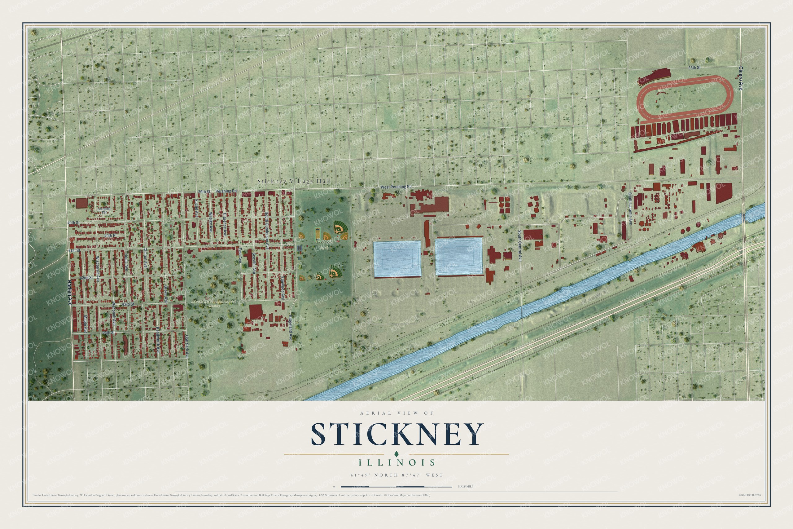 Full map of Stickney, Illinois, with red buildings, printed street names and the land around them