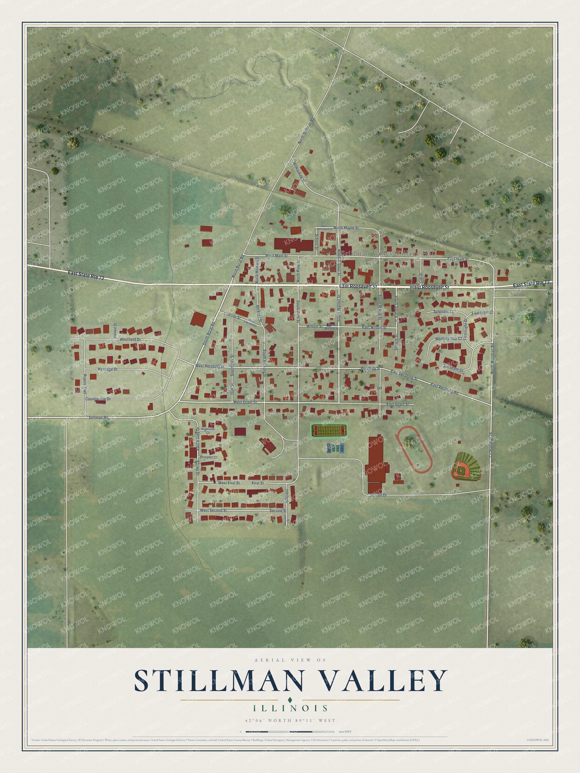 Full map of Stillman Valley, Illinois, with red buildings, printed street names and the land around them