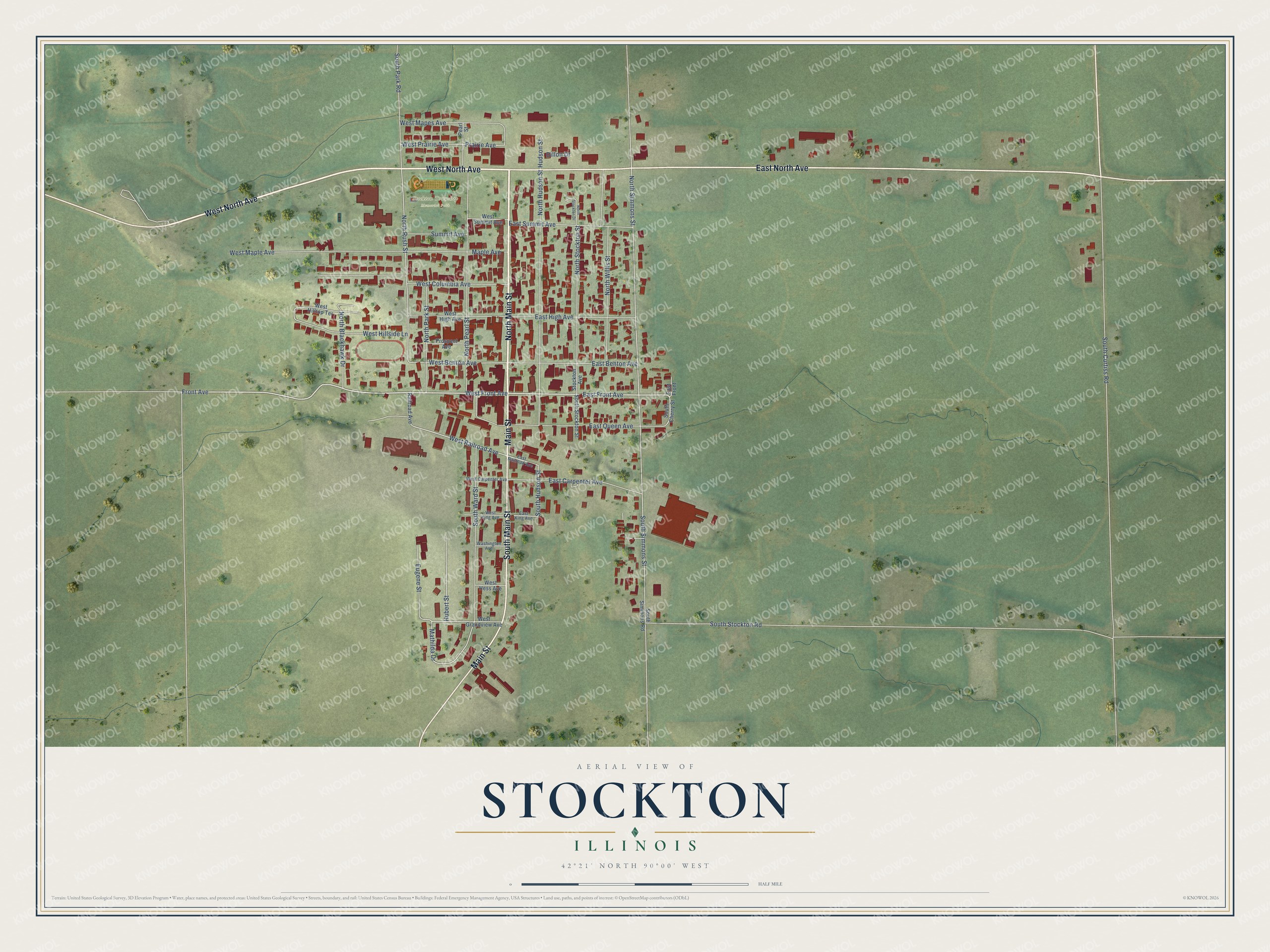 Full map of Stockton, Illinois, with red buildings, printed street names and the land around them