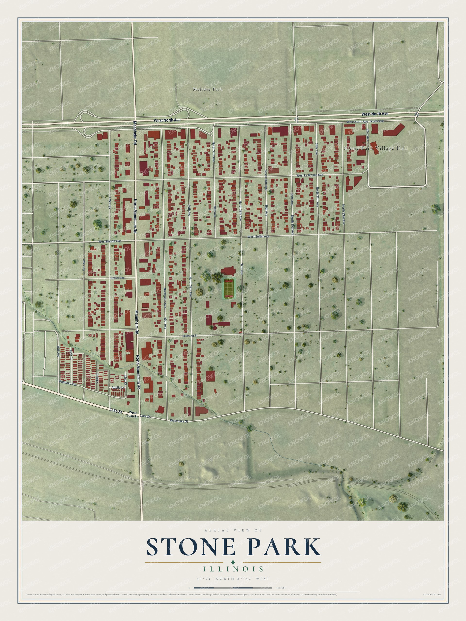 Full map of Stone Park, Illinois, with red buildings, printed street names and the land around them