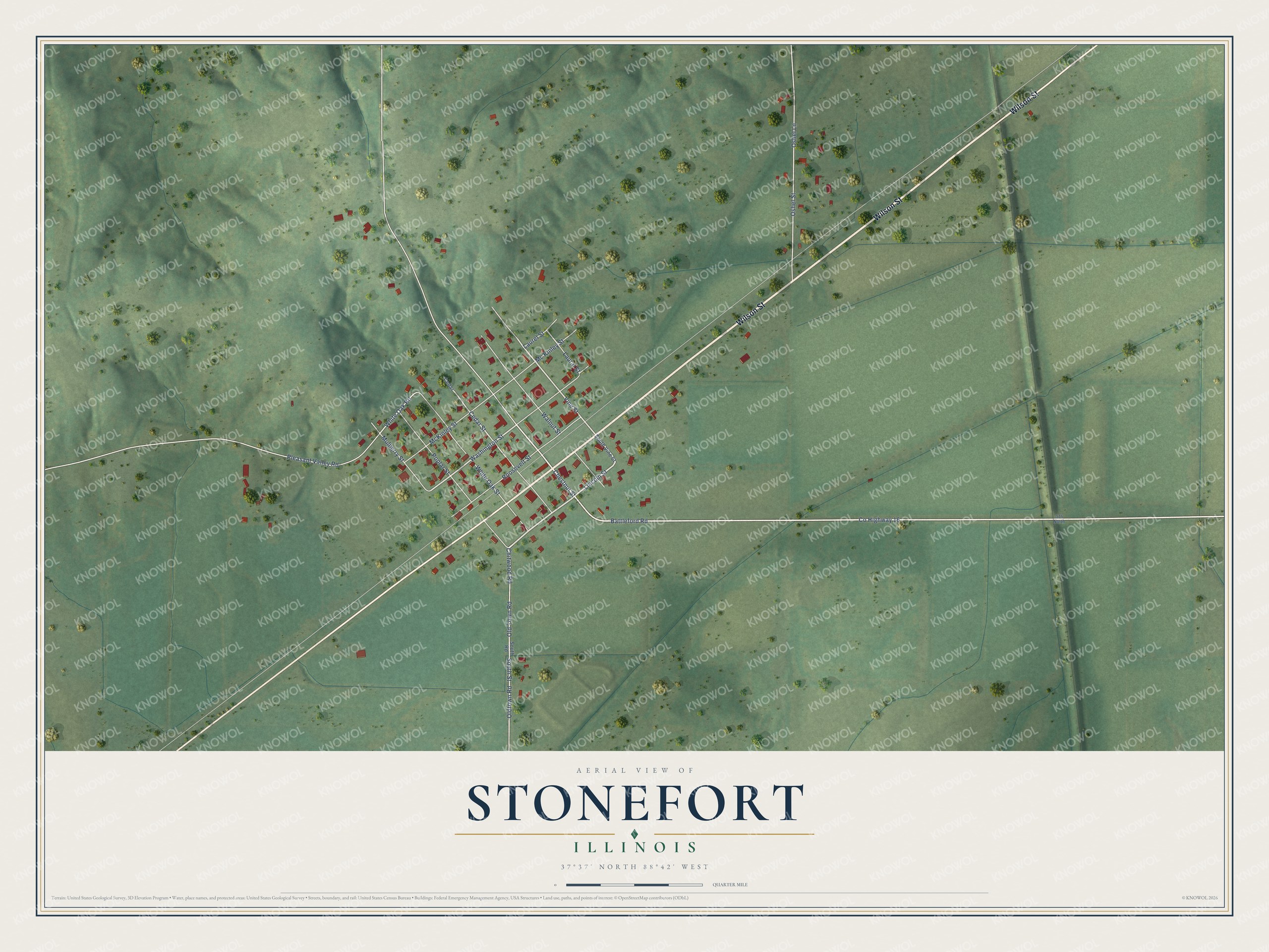 Full map of Stonefort, Illinois, with red buildings, printed street names and the land around them