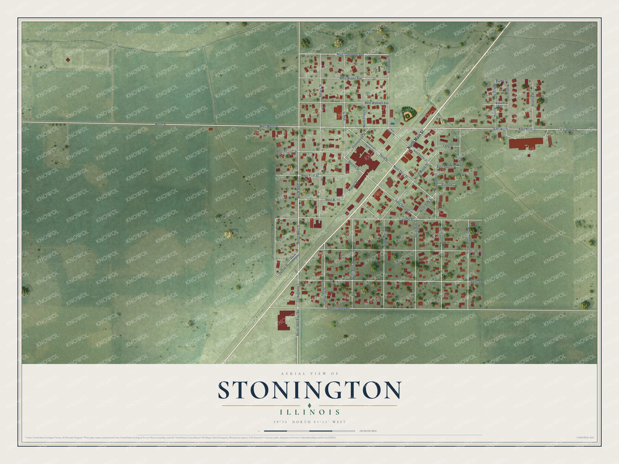 Full map of Stonington, Illinois, with red buildings, printed street names and the land around them