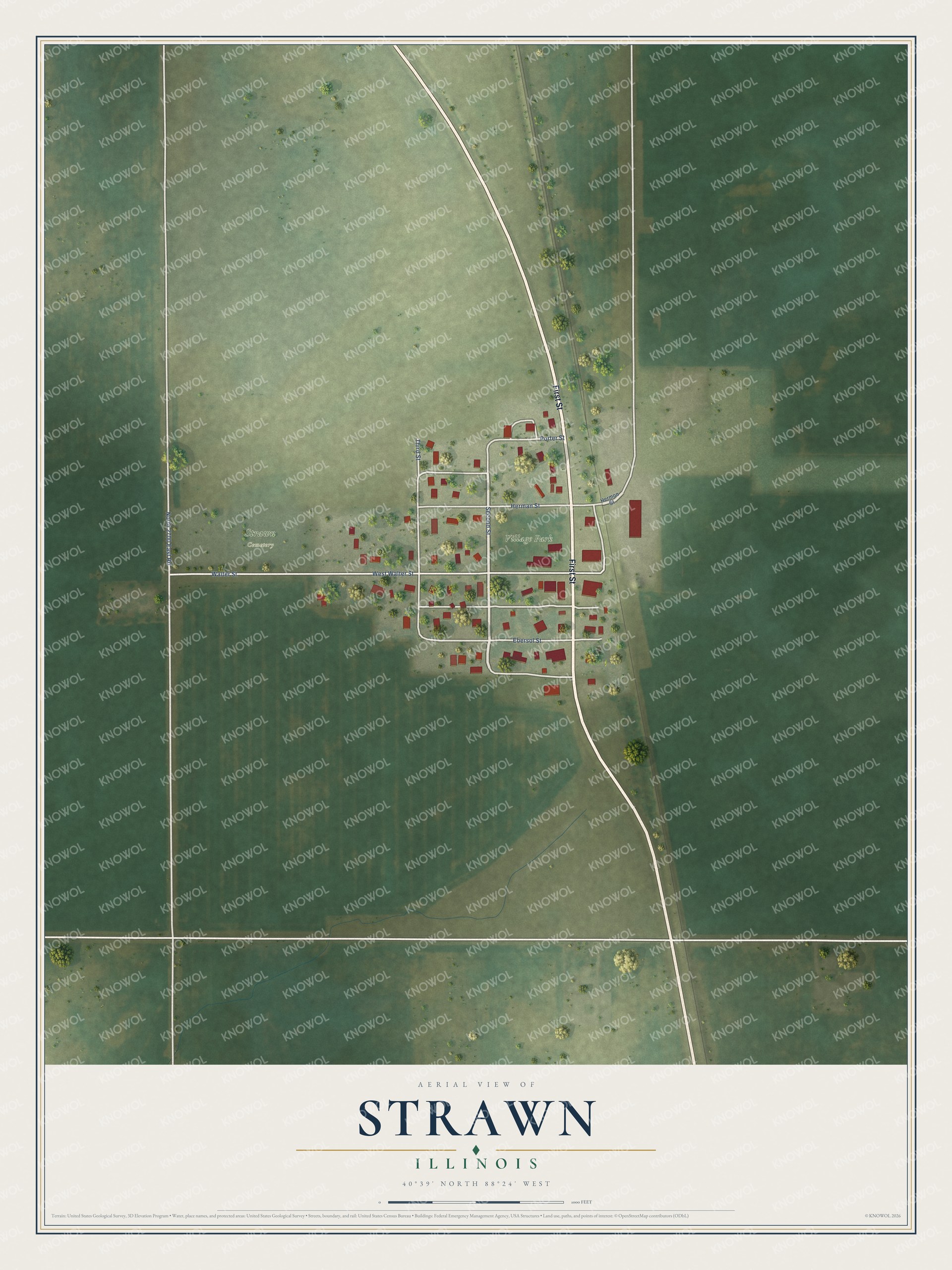 Full map of Strawn, Illinois, with red buildings, printed street names and the land around them
