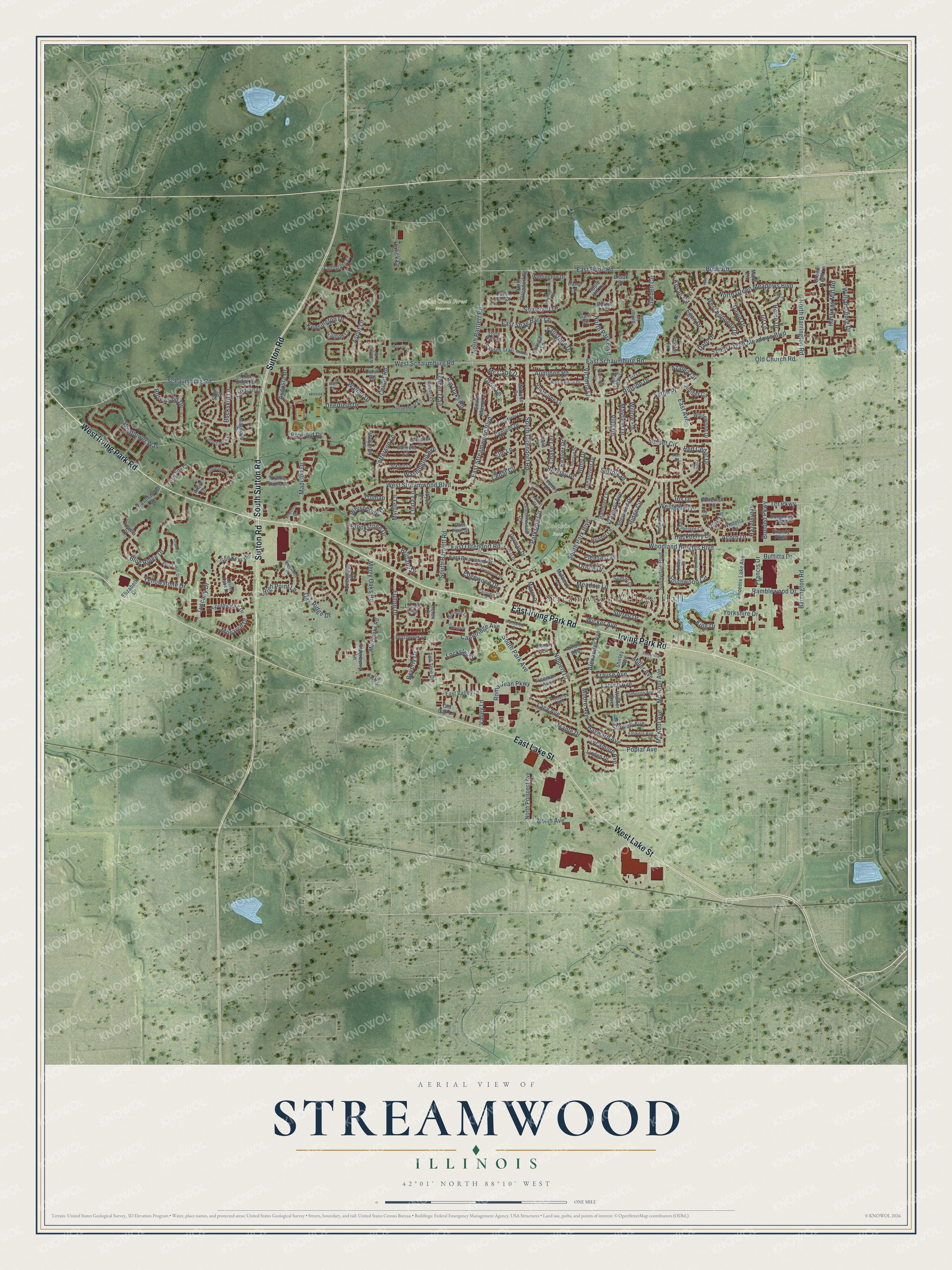 Full map of Streamwood, Illinois, with red buildings, printed street names and the land around them