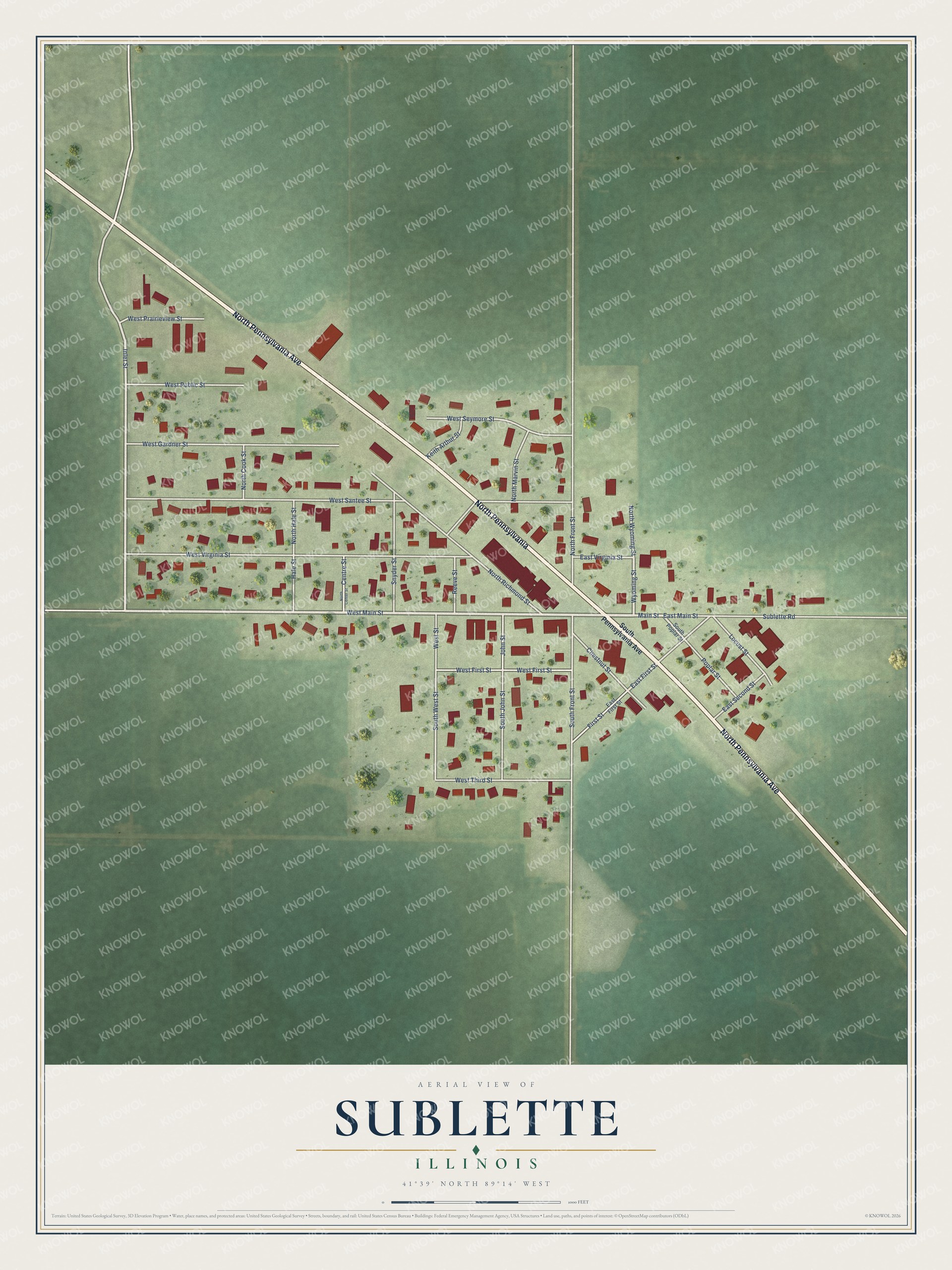 Full map of Sublette, Illinois, with red buildings, printed street names and the land around them