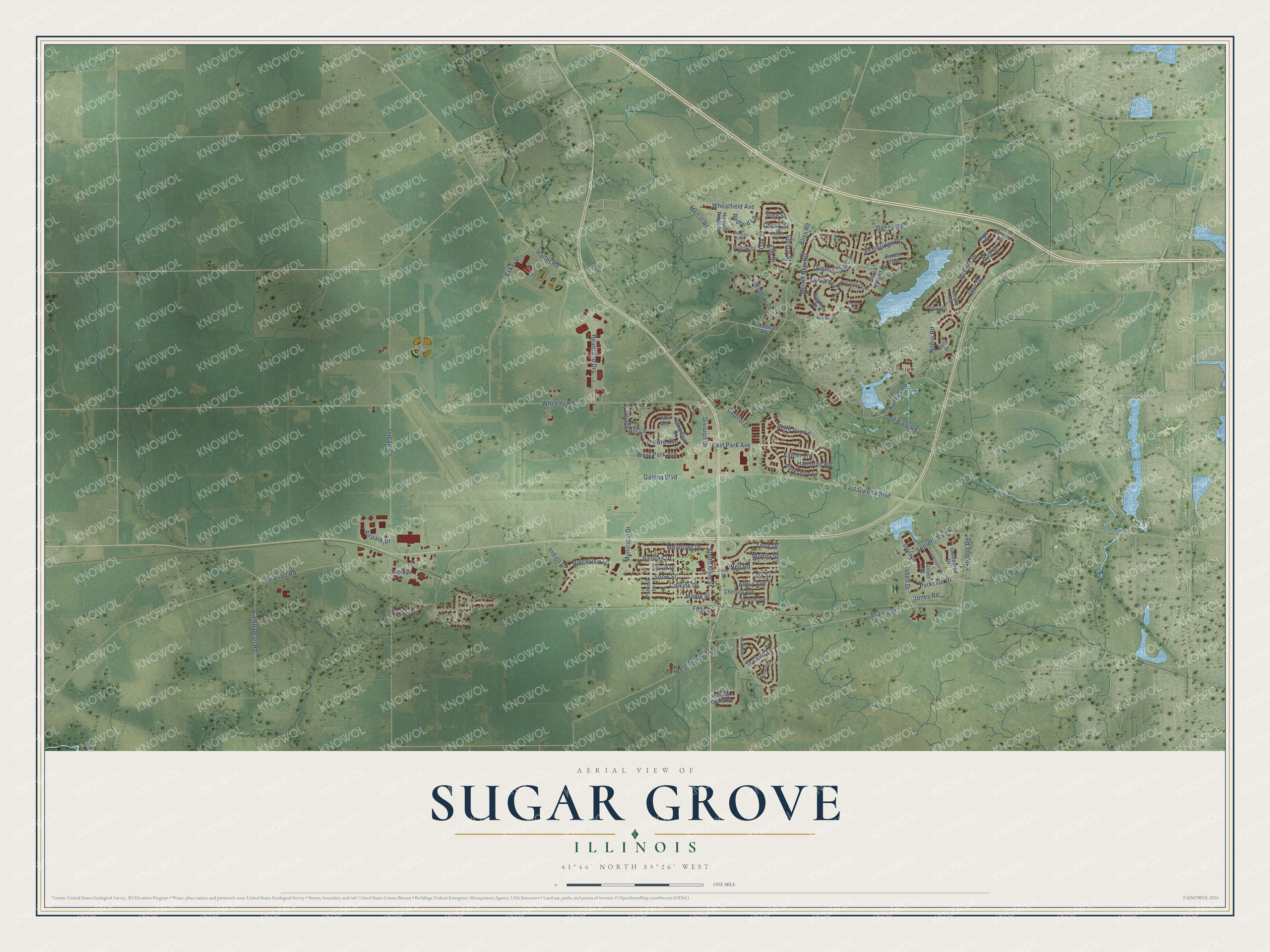 Full map of Sugar Grove, Illinois, with red buildings, printed street names and the land around them