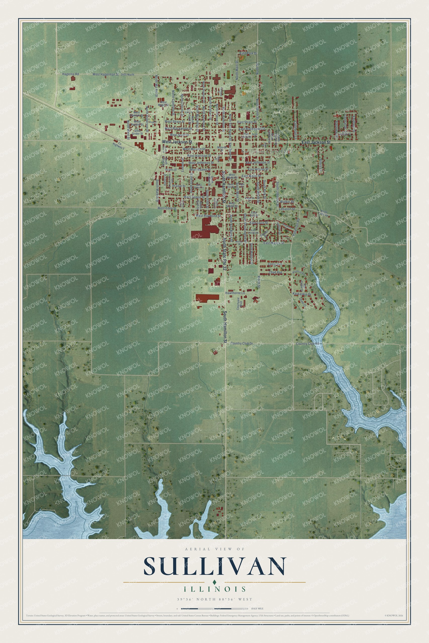 Full map of Sullivan, Illinois, with red buildings, printed street names and the land around them