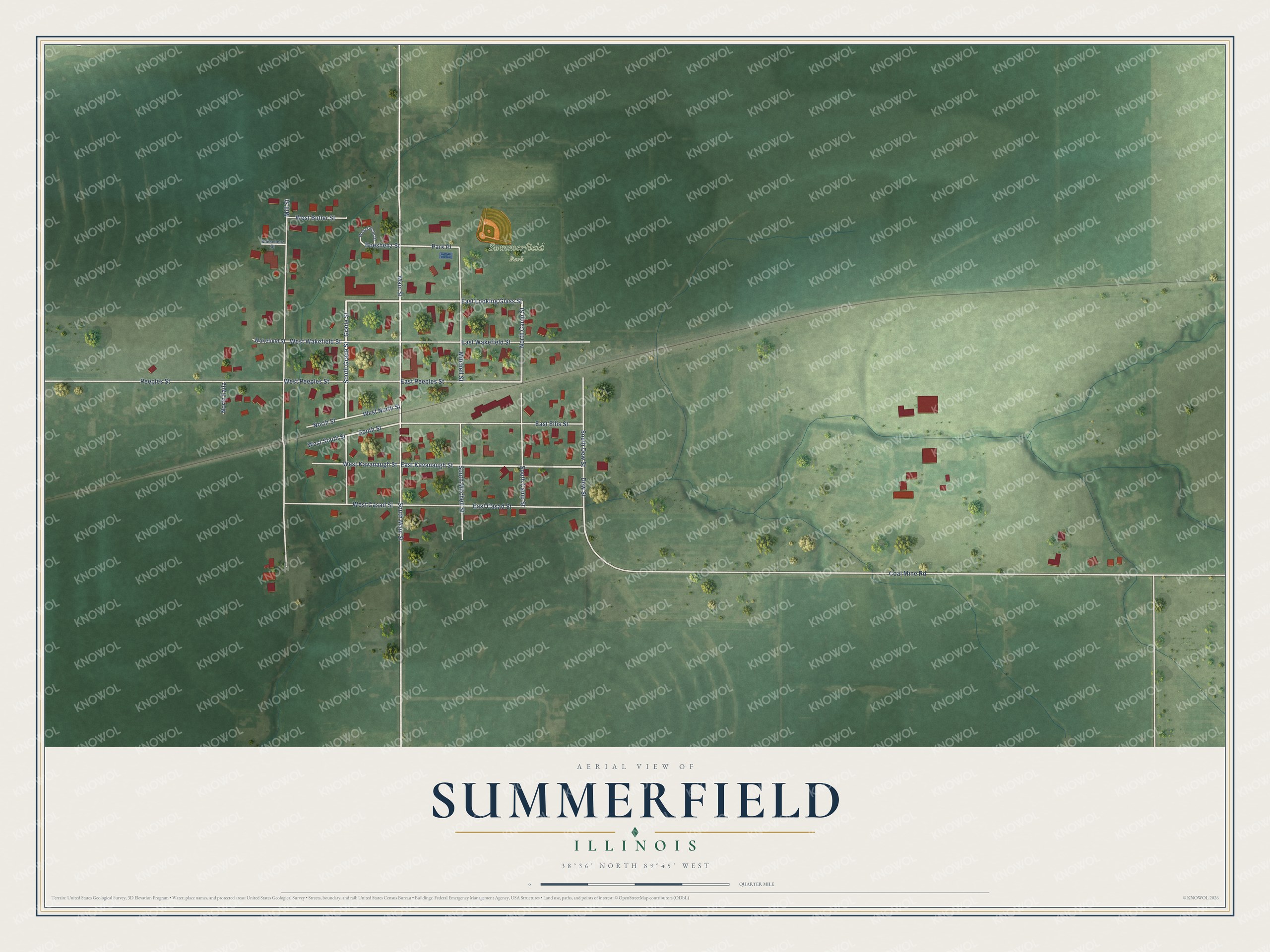Full map of Summerfield, Illinois, with red buildings, printed street names and the land around them
