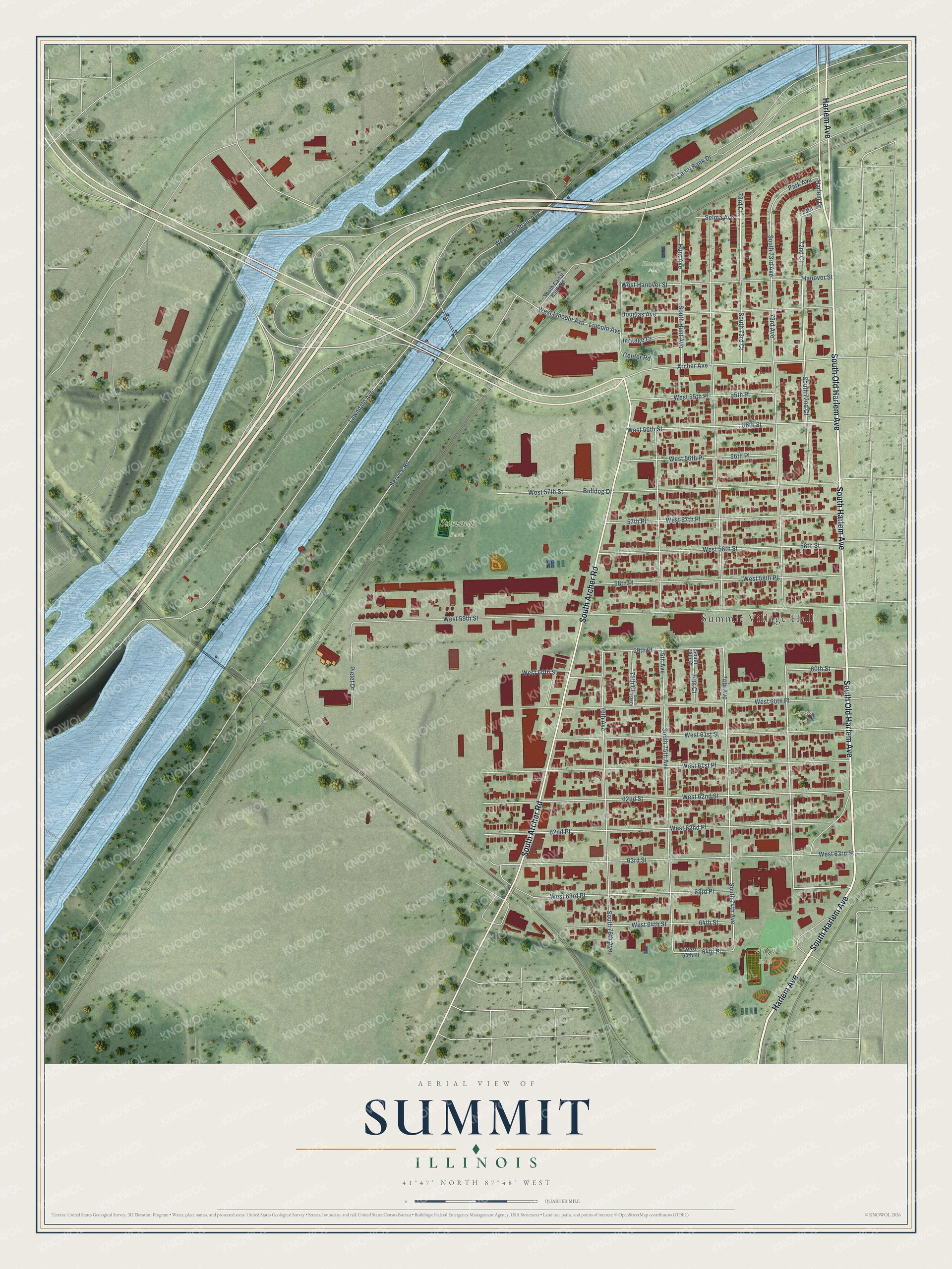 Full map of Summit, Illinois, with red buildings, printed street names and the land around them