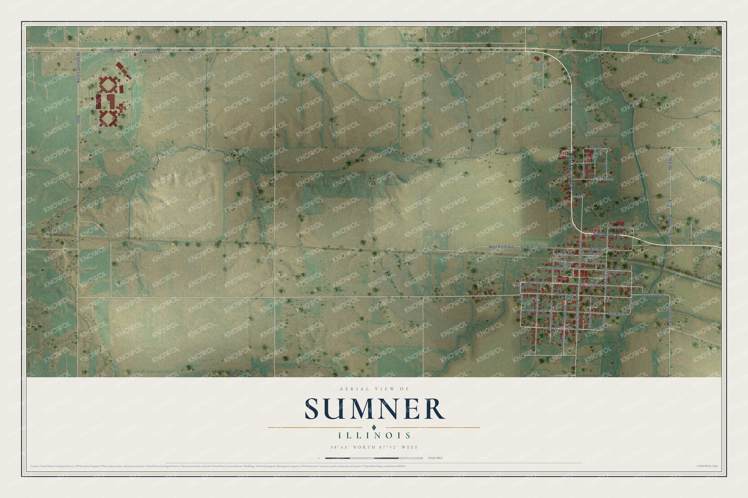 Full map of Sumner, Illinois, with red buildings, printed street names and the land around them