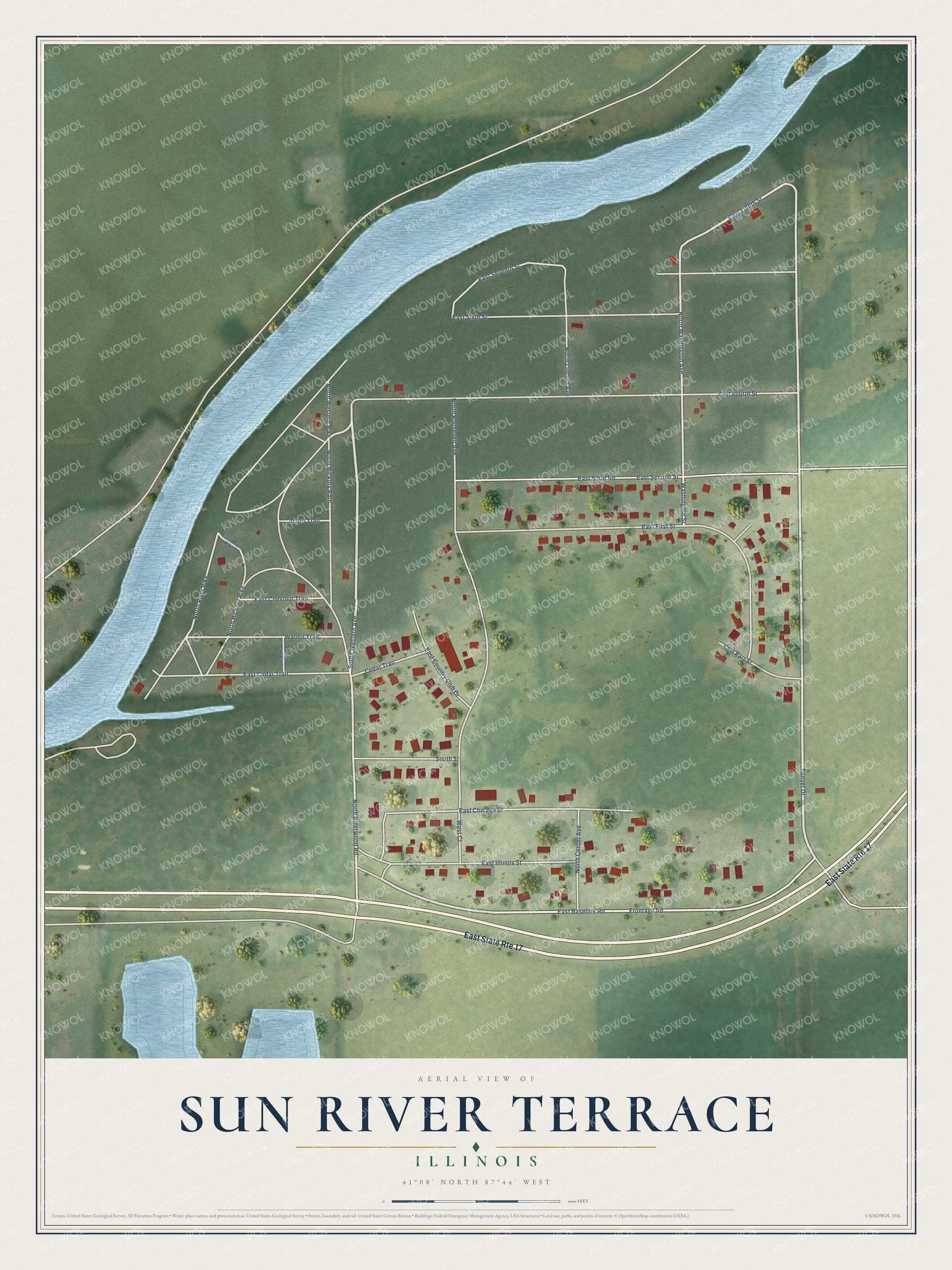 Full map of Sun River Terrace, Illinois, with red buildings, printed street names and the land around them