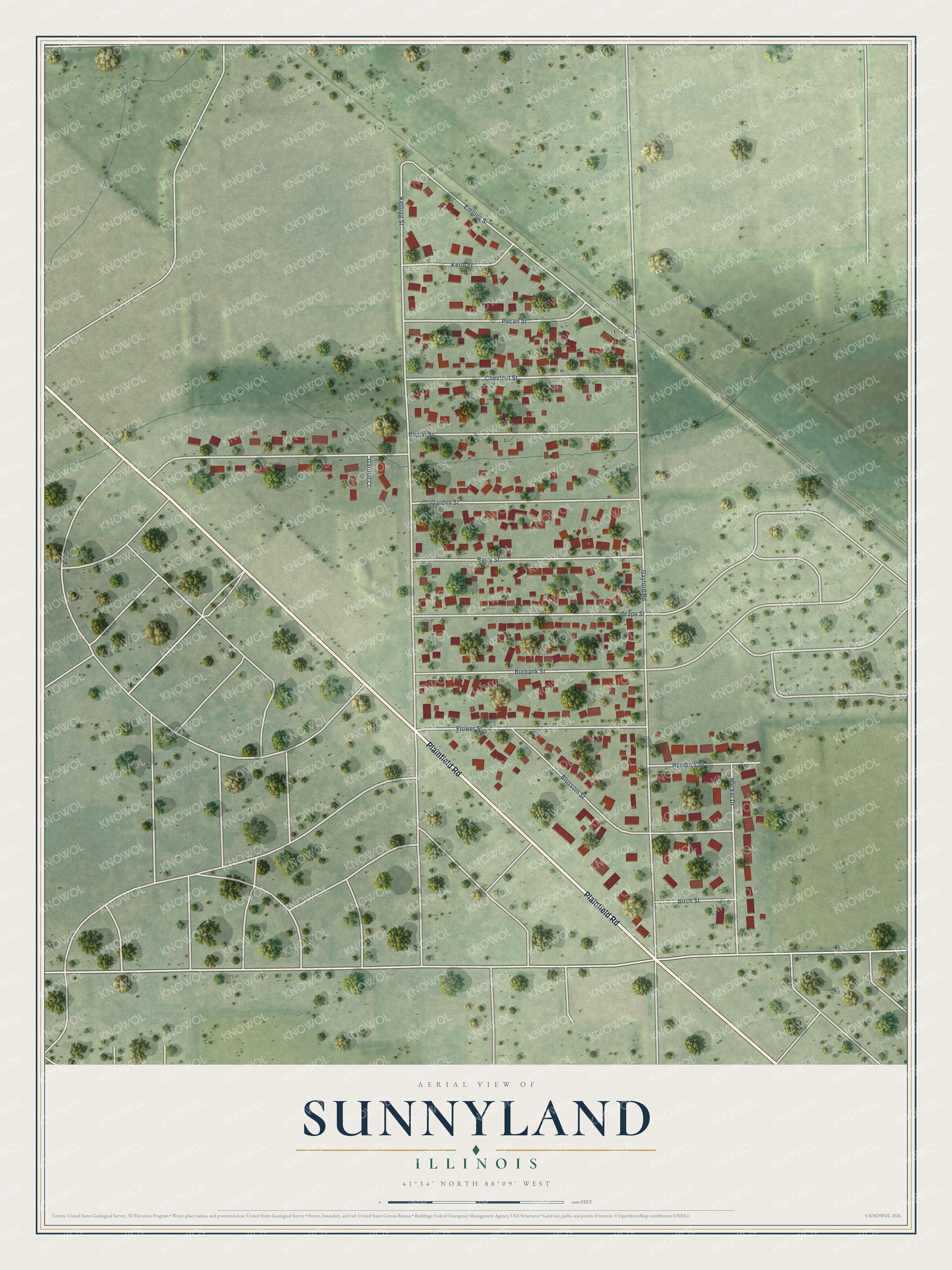 Full map of Sunnyland, Illinois, with red buildings, printed street names and the land around them
