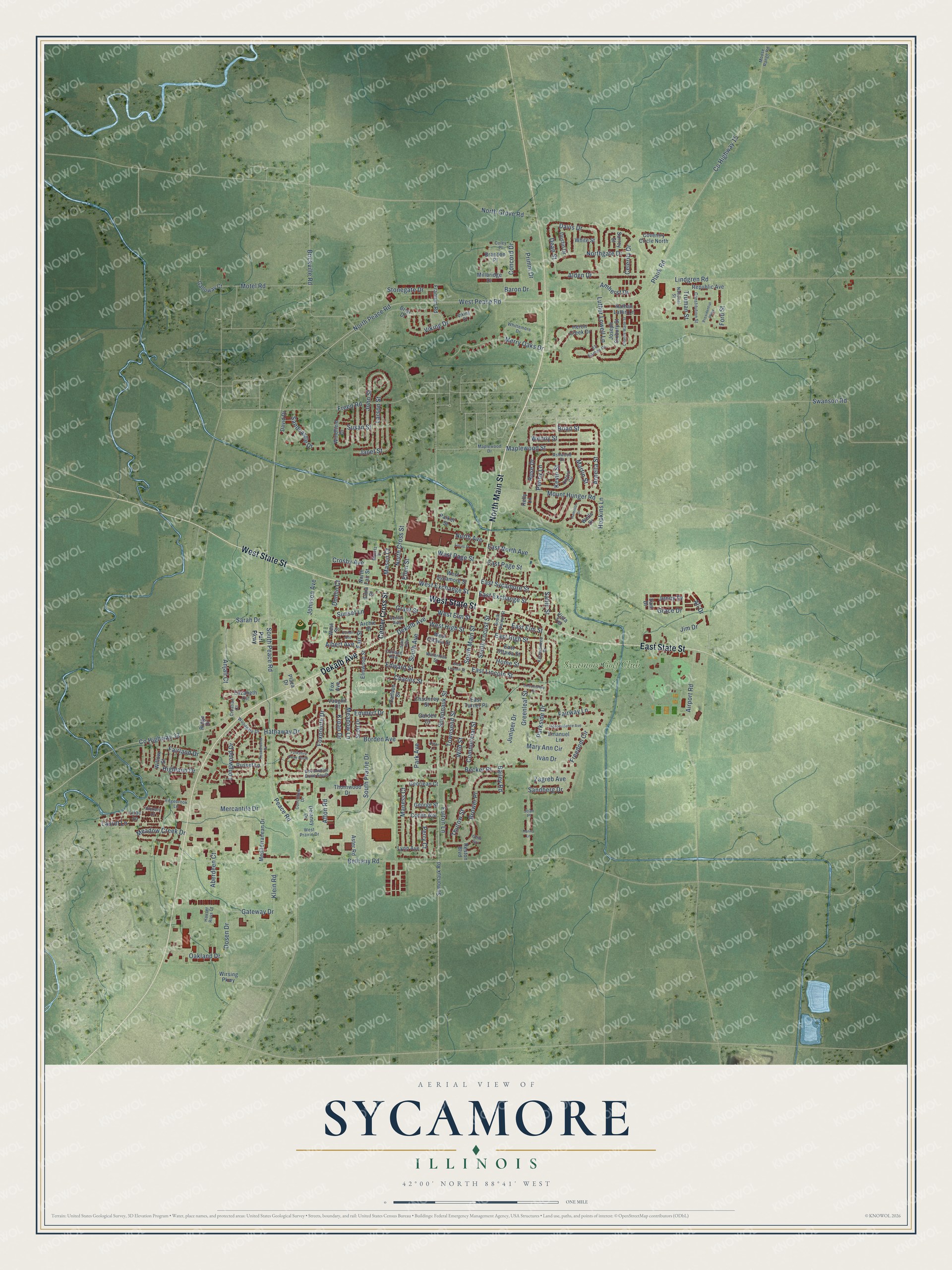 Full map of Sycamore, Illinois, with red buildings, printed street names and the land around them