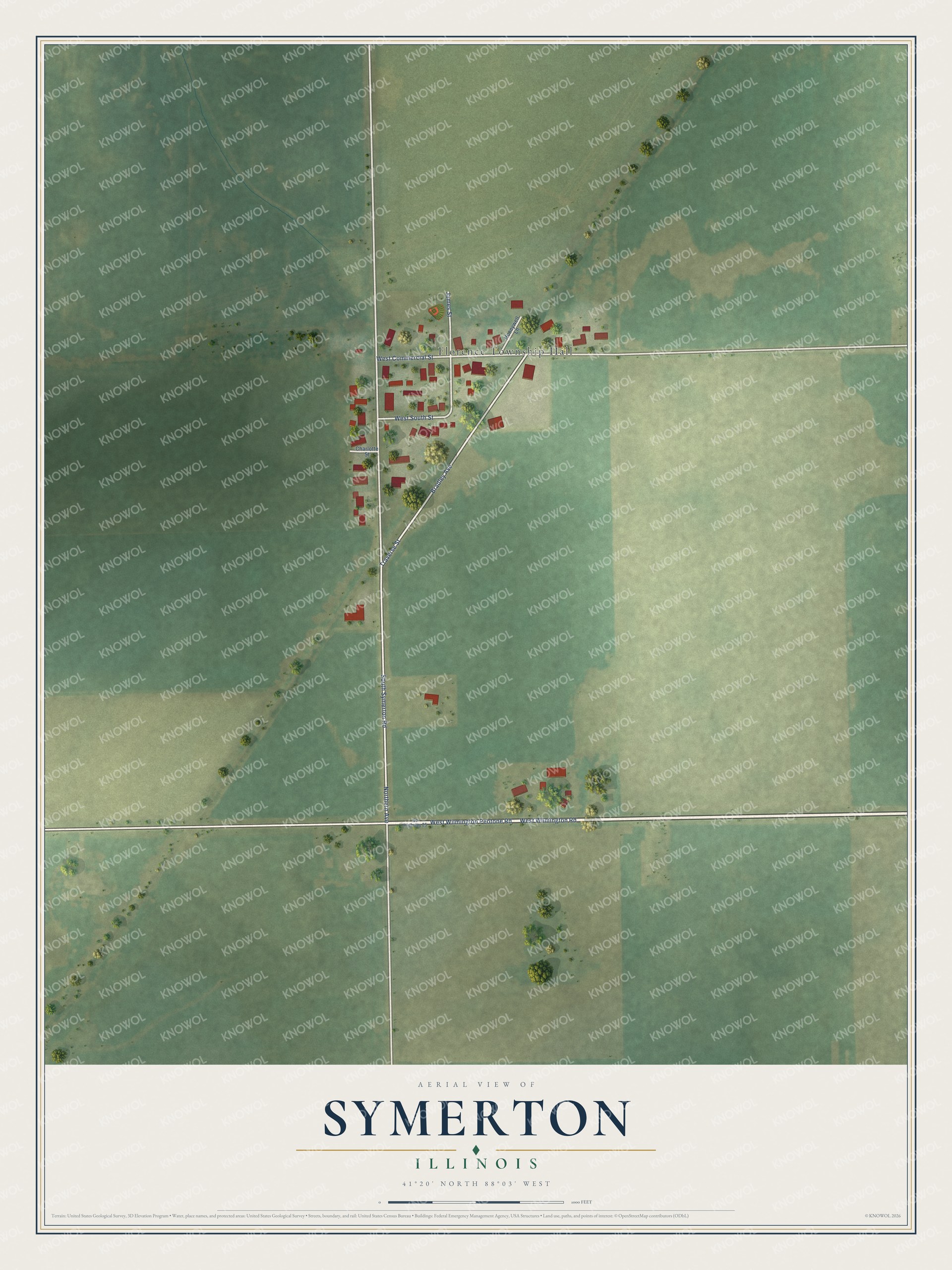 Full map of Symerton, Illinois, with red buildings, printed street names and the land around them