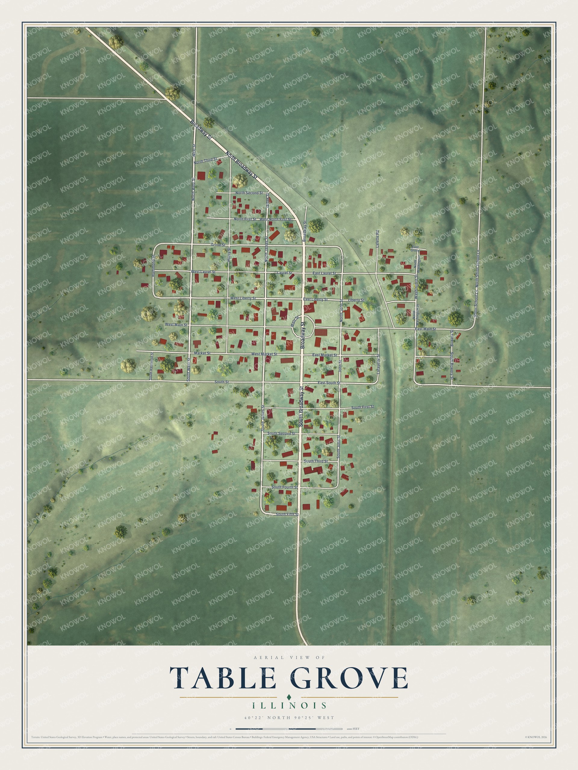 Full map of Table Grove, Illinois, with red buildings, printed street names and the land around them
