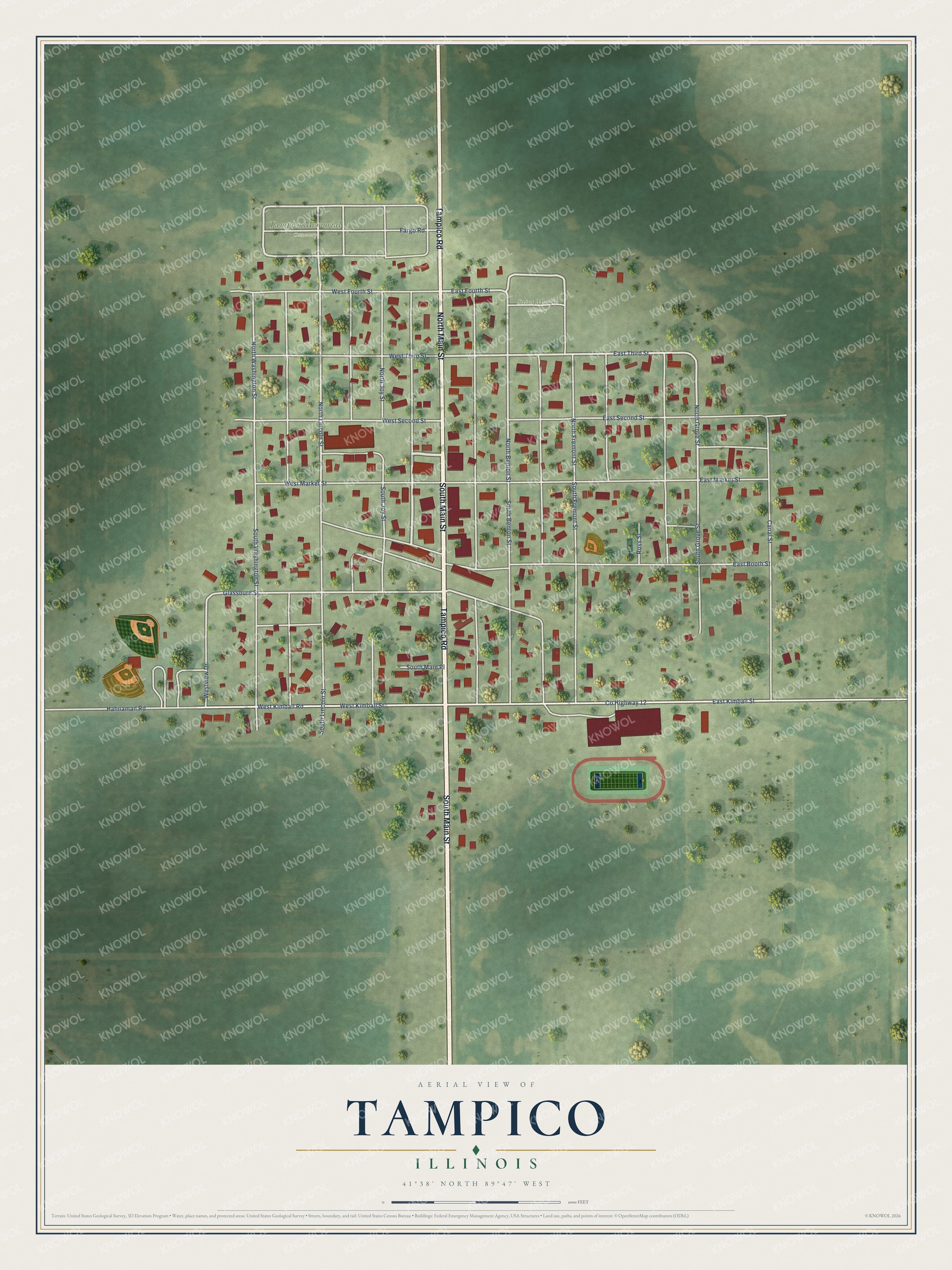 Full map of Tampico, Illinois, with red buildings, printed street names and the land around them