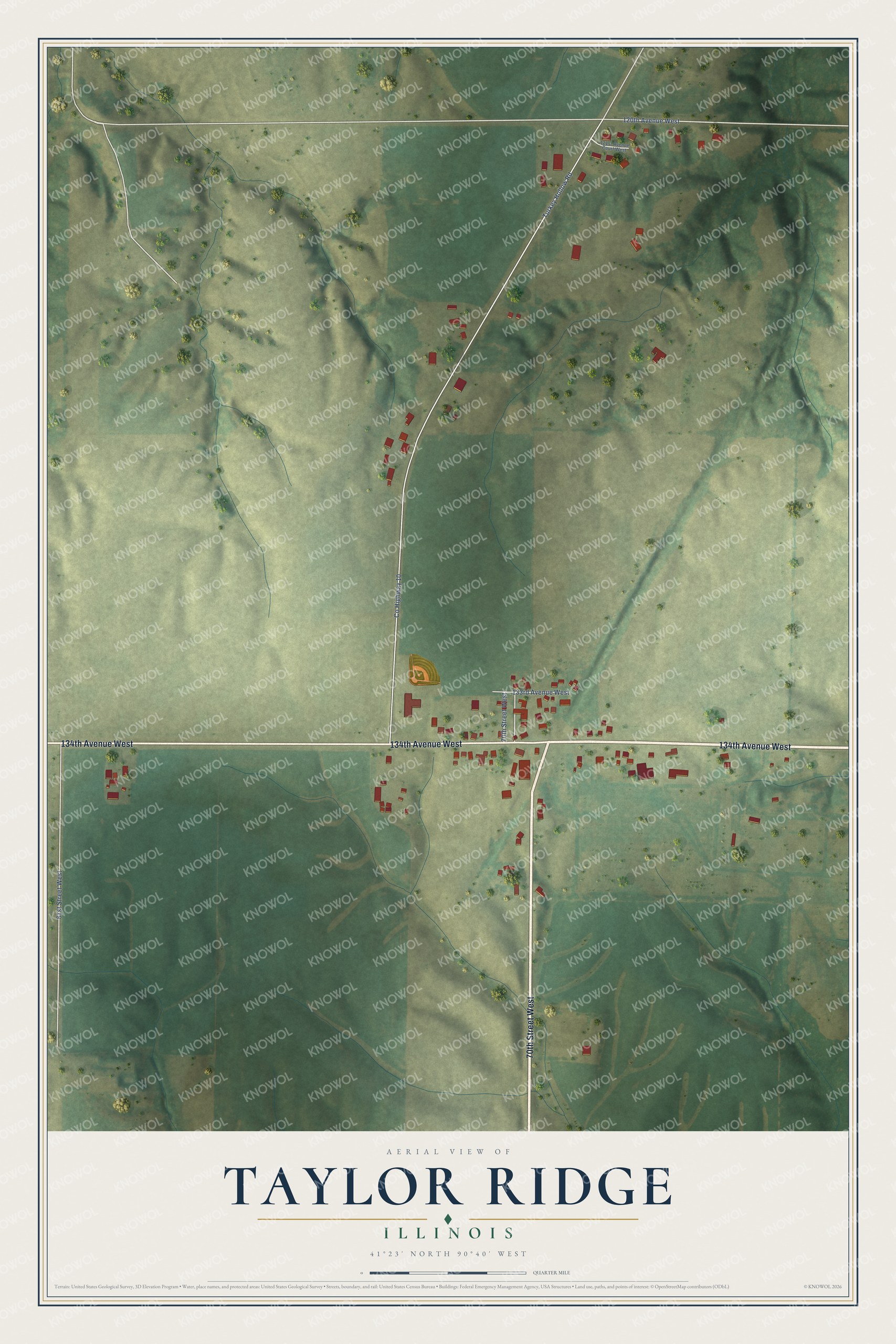 Full map of Taylor Ridge, Illinois, with red buildings, printed street names and the land around them