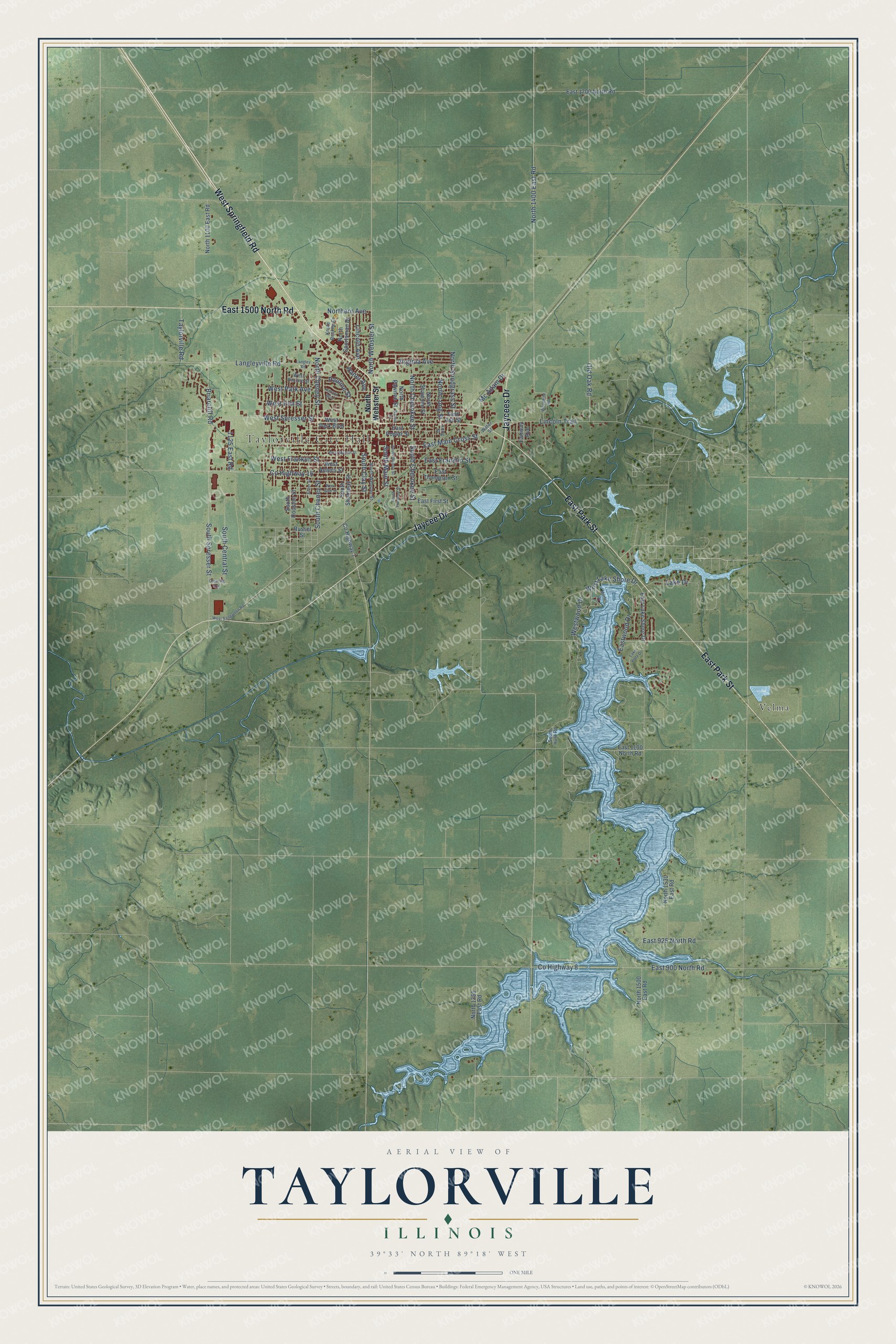 Full map of Taylorville, Illinois, with red buildings, printed street names and the land around them