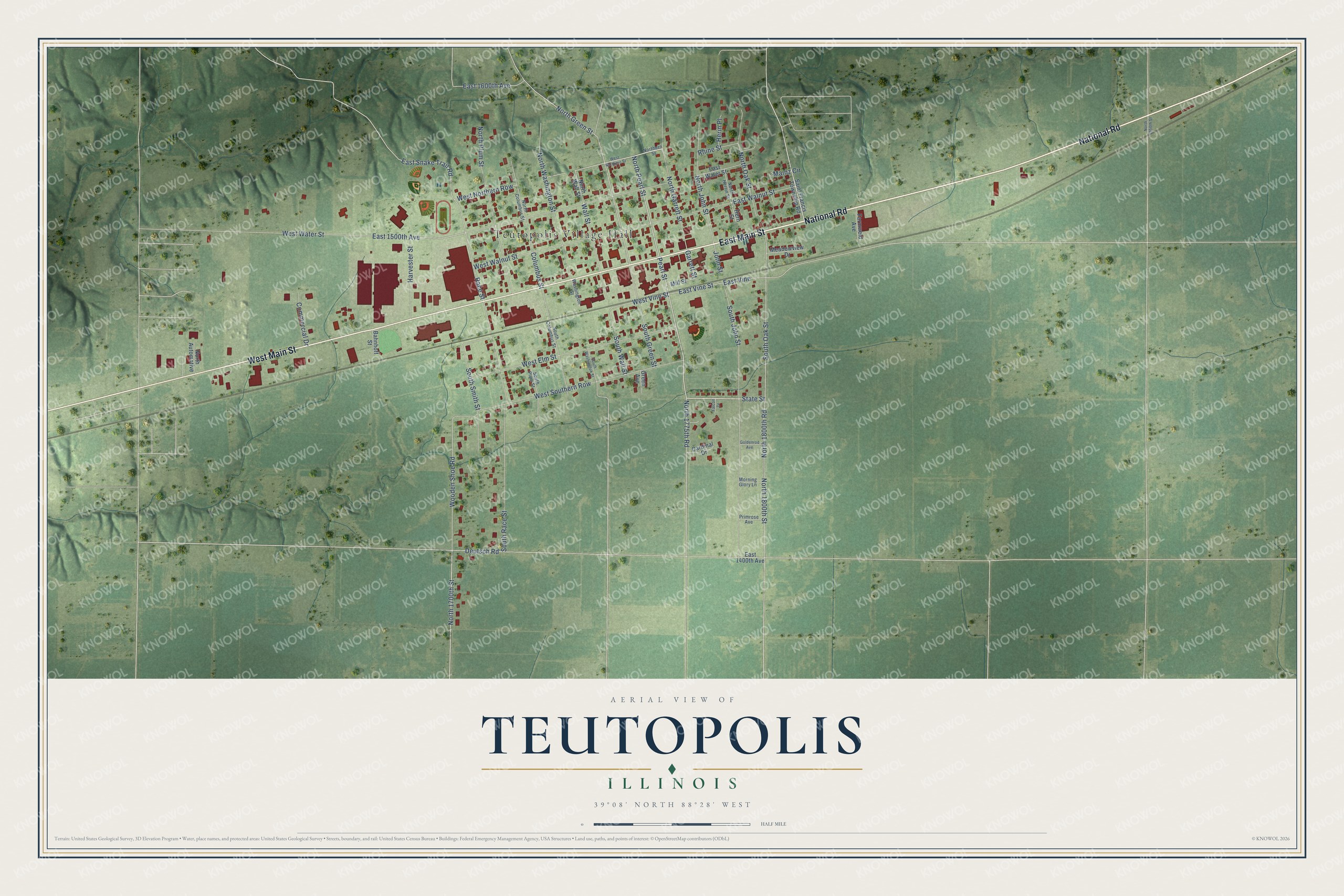 Full map of Teutopolis, Illinois, with red buildings, printed street names and the land around them