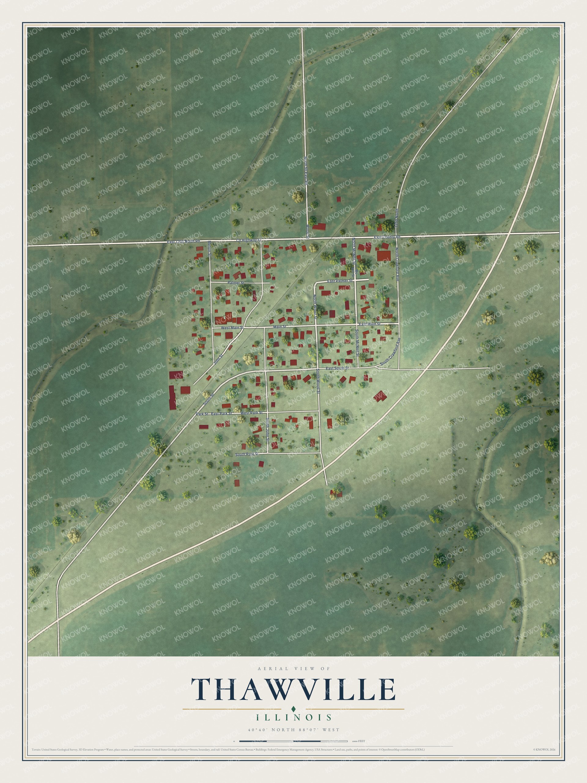 Full map of Thawville, Illinois, with red buildings, printed street names and the land around them