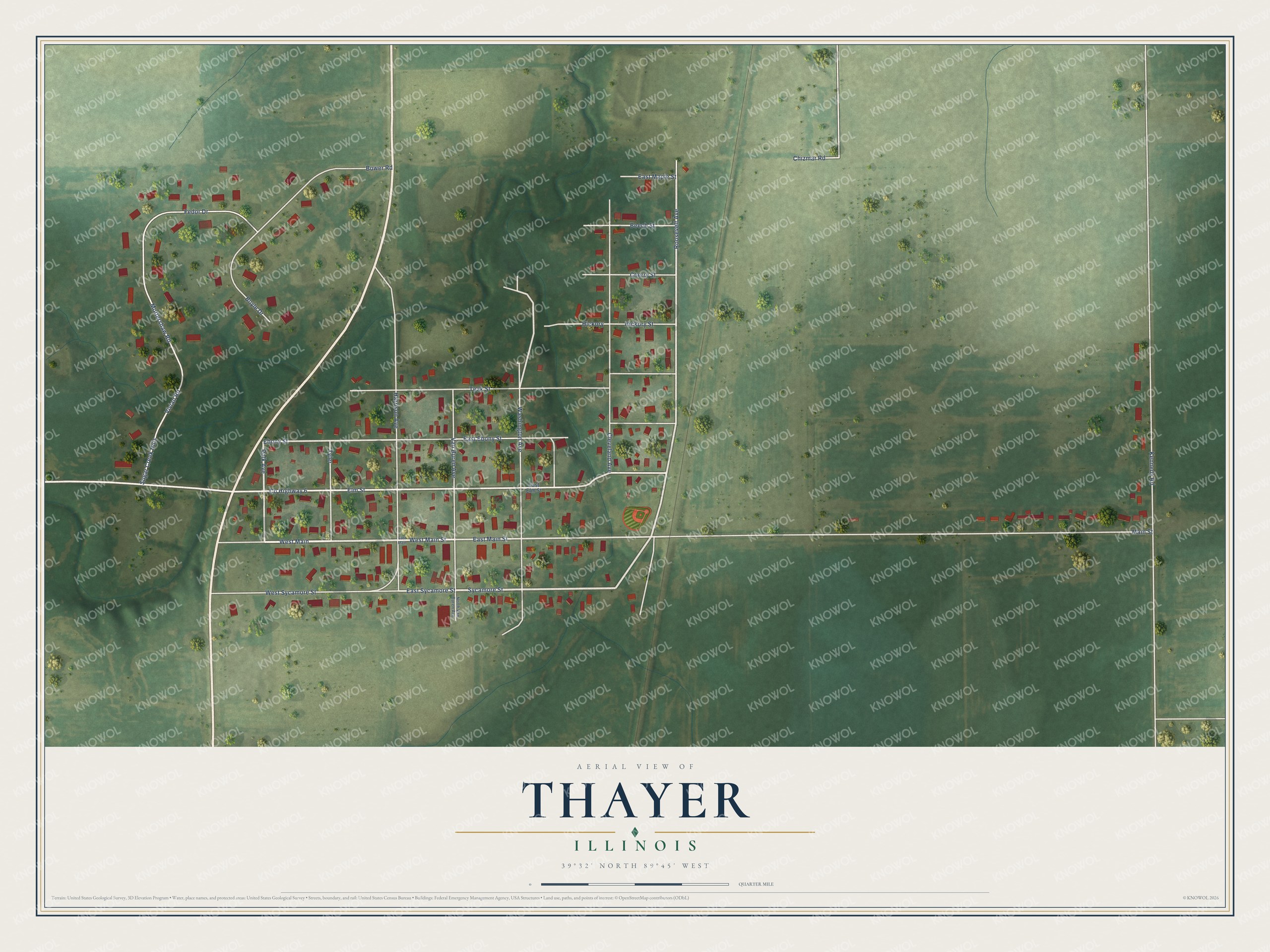Full map of Thayer, Illinois, with red buildings, printed street names and the land around them