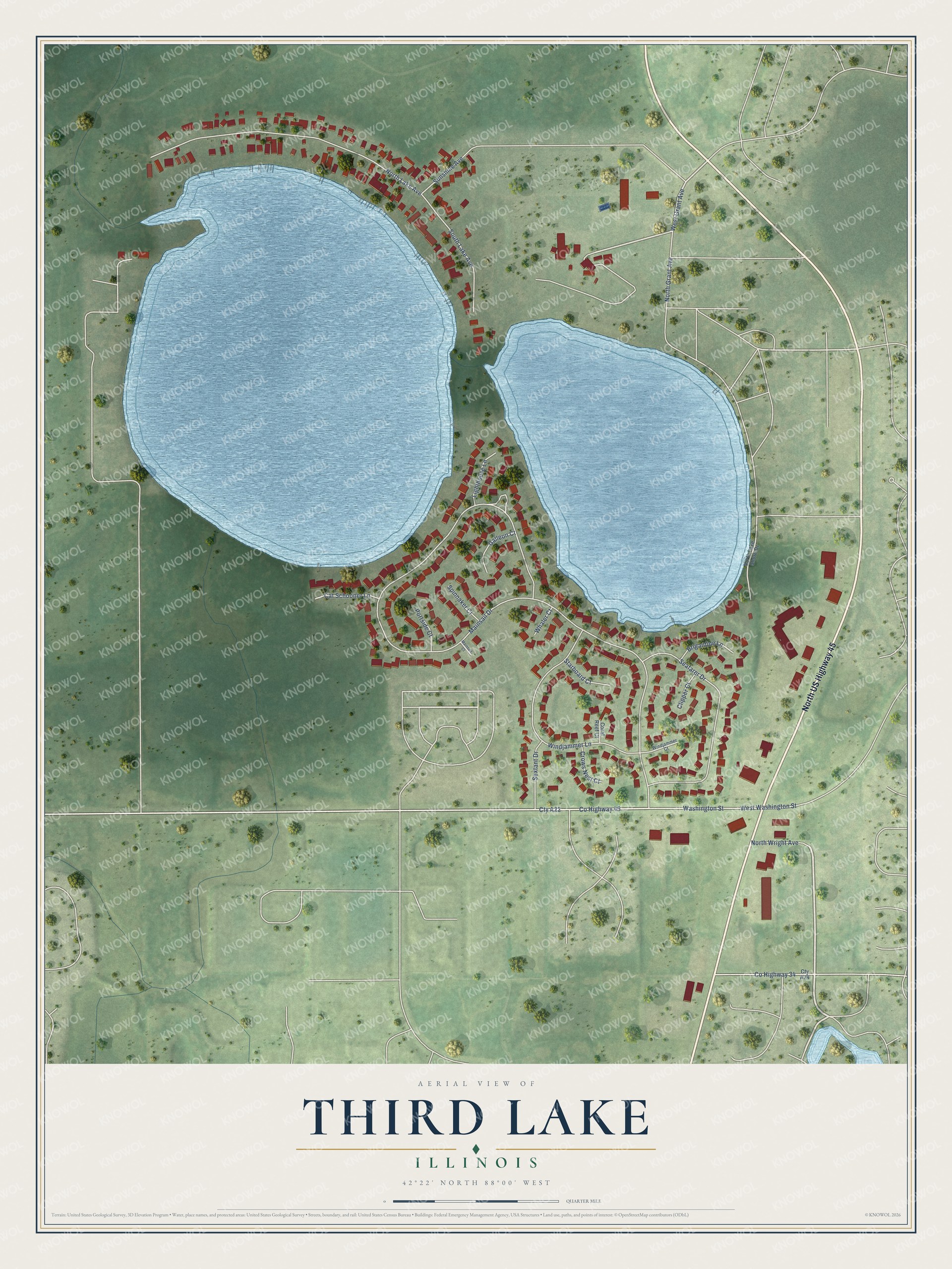 Full map of Third Lake, Illinois, with red buildings, printed street names and the land around them
