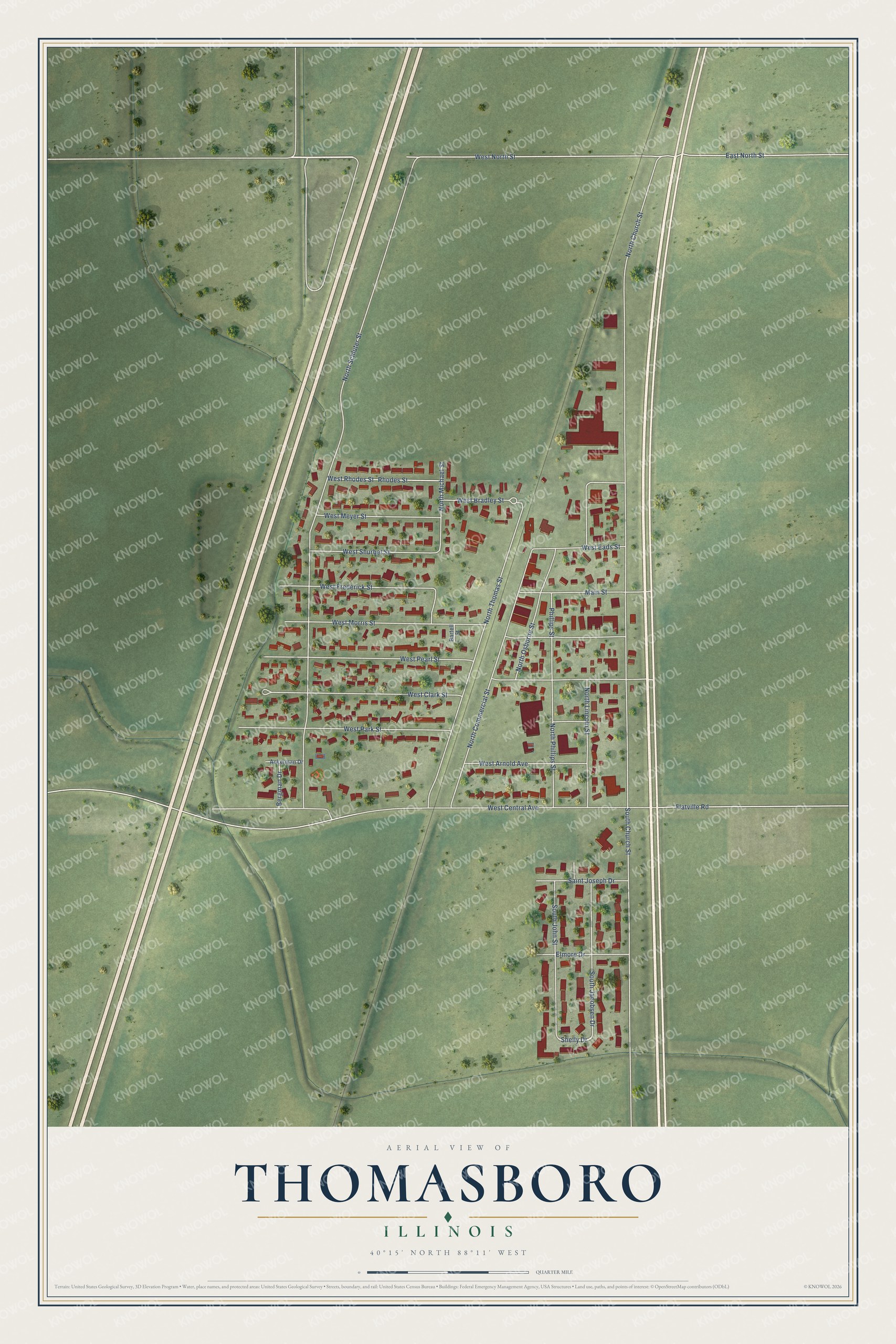 Full map of Thomasboro, Illinois, with red buildings, printed street names and the land around them
