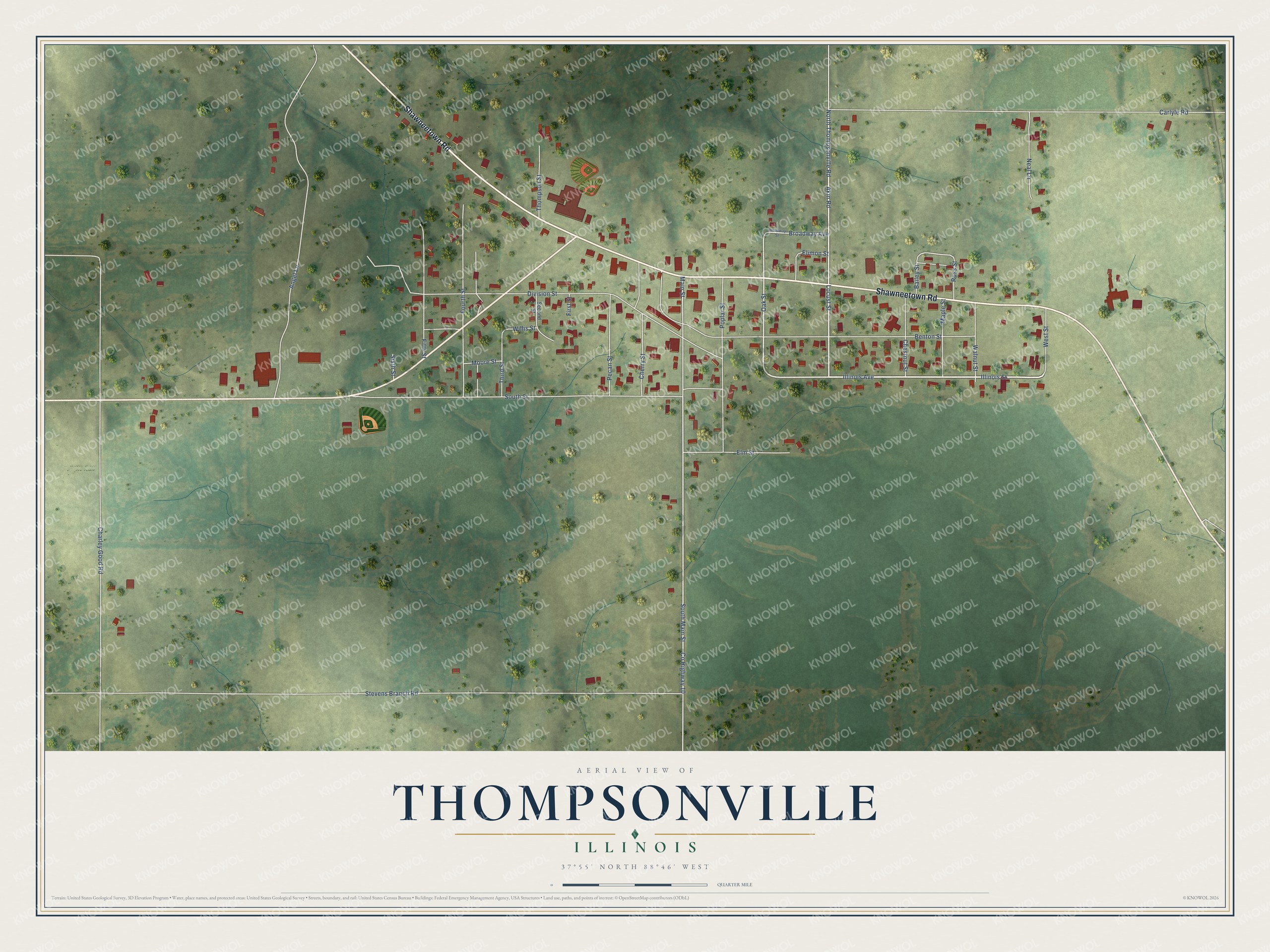 Full map of Thompsonville, Illinois, with red buildings, printed street names and the land around them