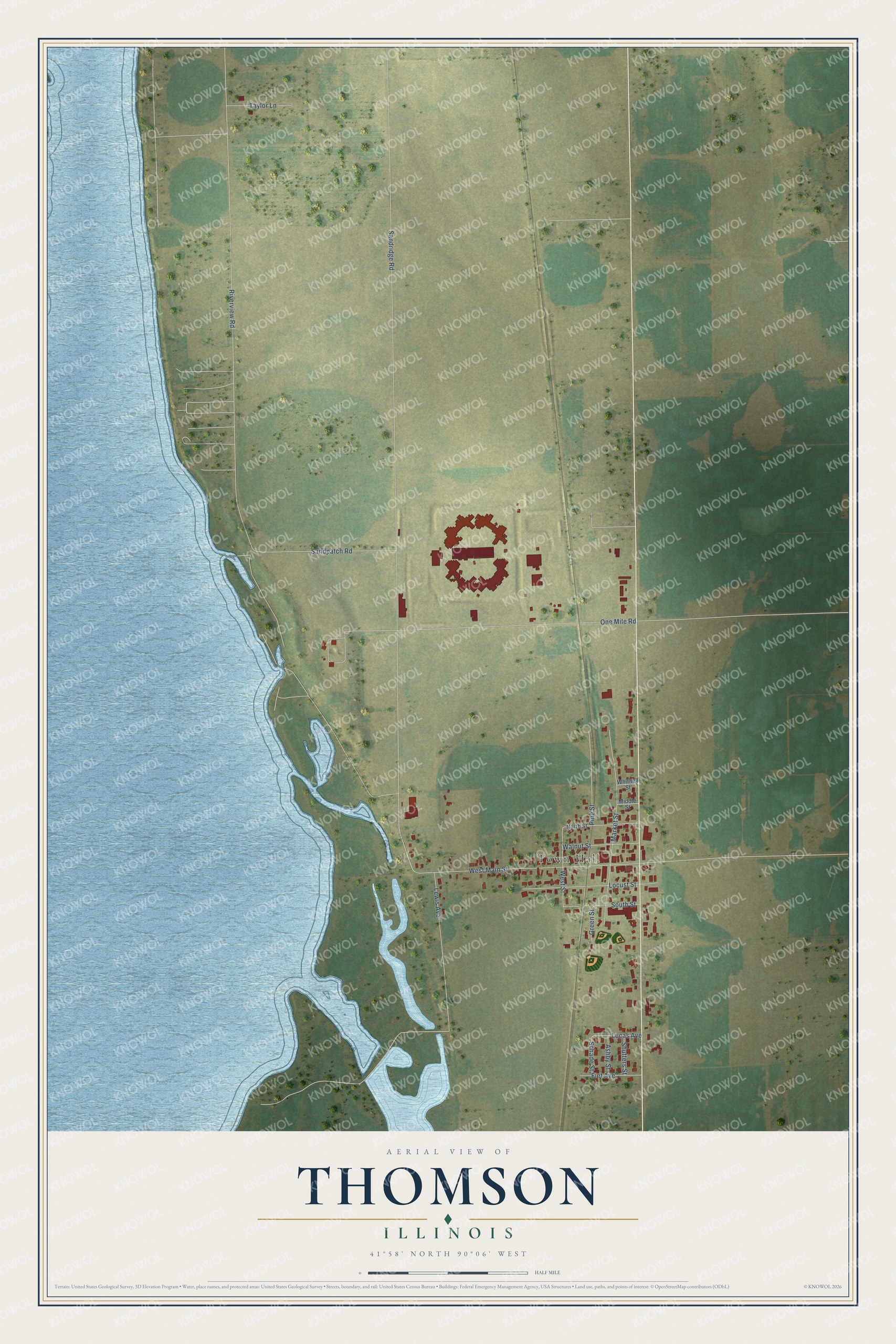 Full map of Thomson, Illinois, with red buildings, printed street names and the land around them