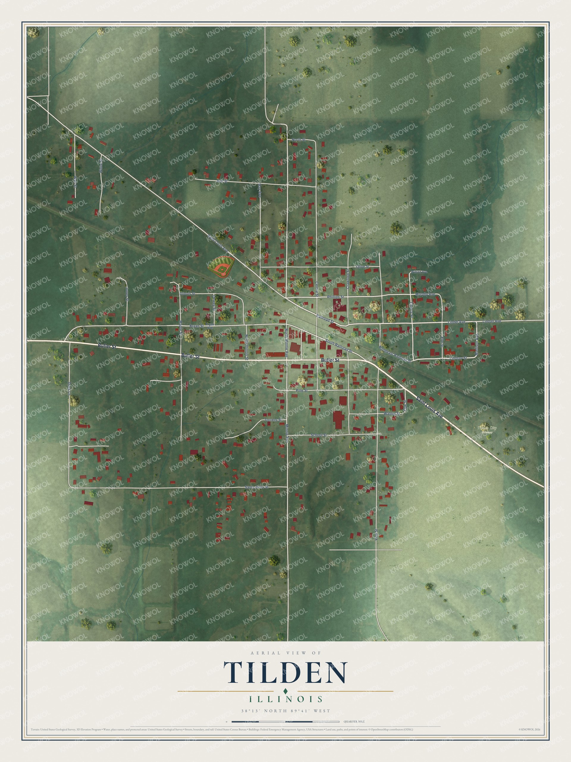 Full map of Tilden, Illinois, with red buildings, printed street names and the land around them