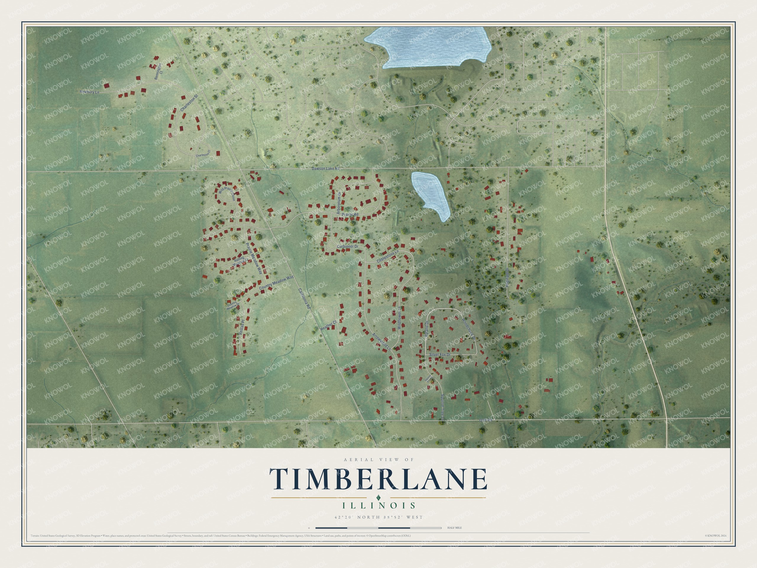Full map of Timberlane, Illinois, with red buildings, printed street names and the land around them