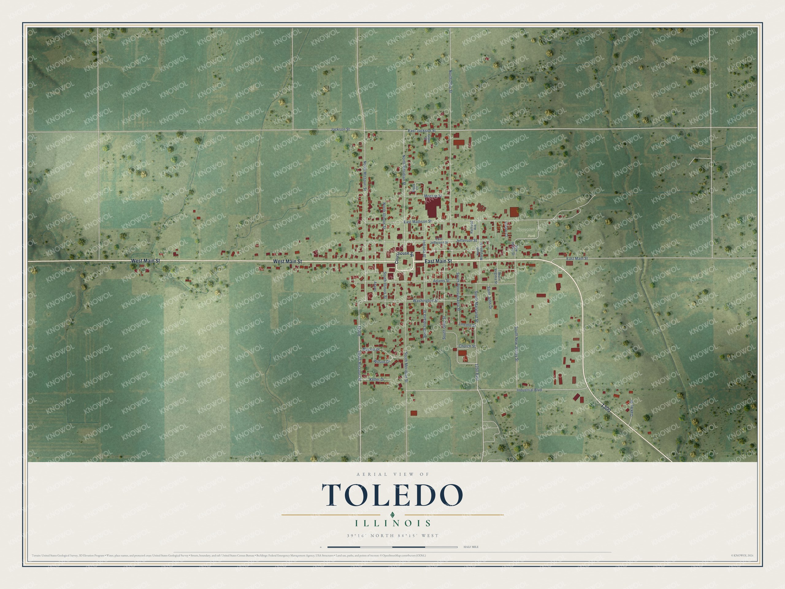 Full map of Toledo, Illinois, with red buildings, printed street names and the land around them