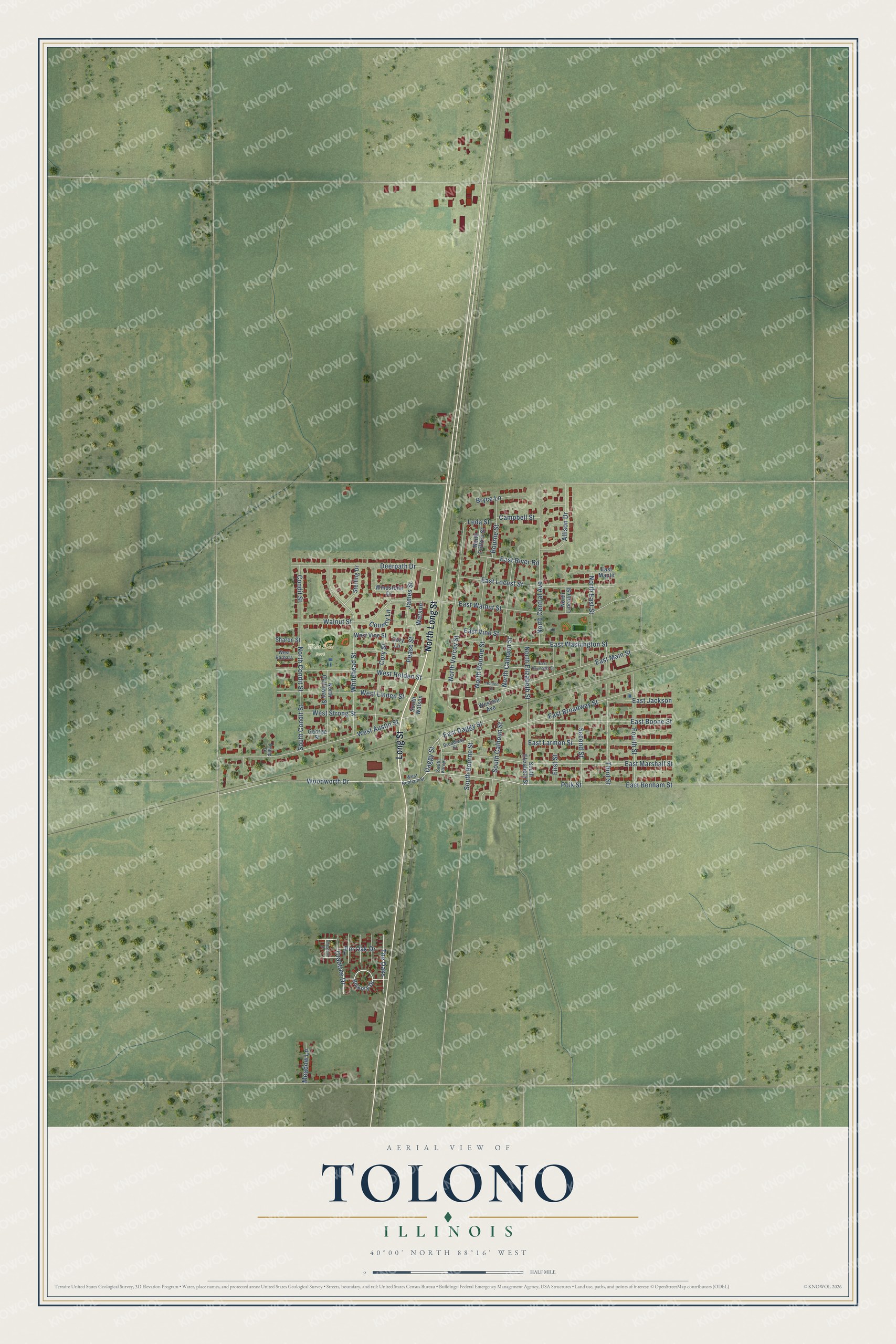 Full map of Tolono, Illinois, with red buildings, printed street names and the land around them