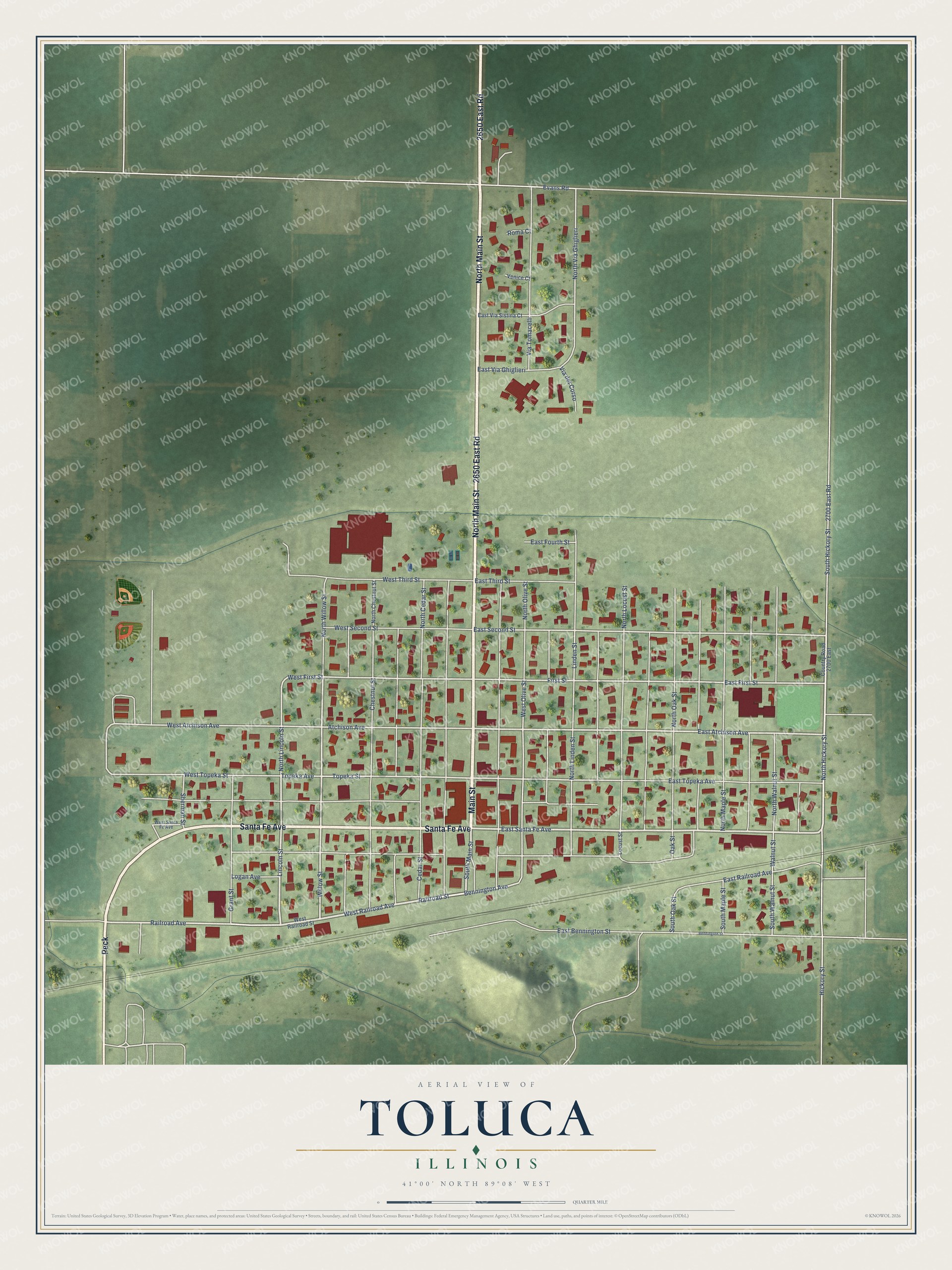 Full map of Toluca, Illinois, with red buildings, printed street names and the land around them