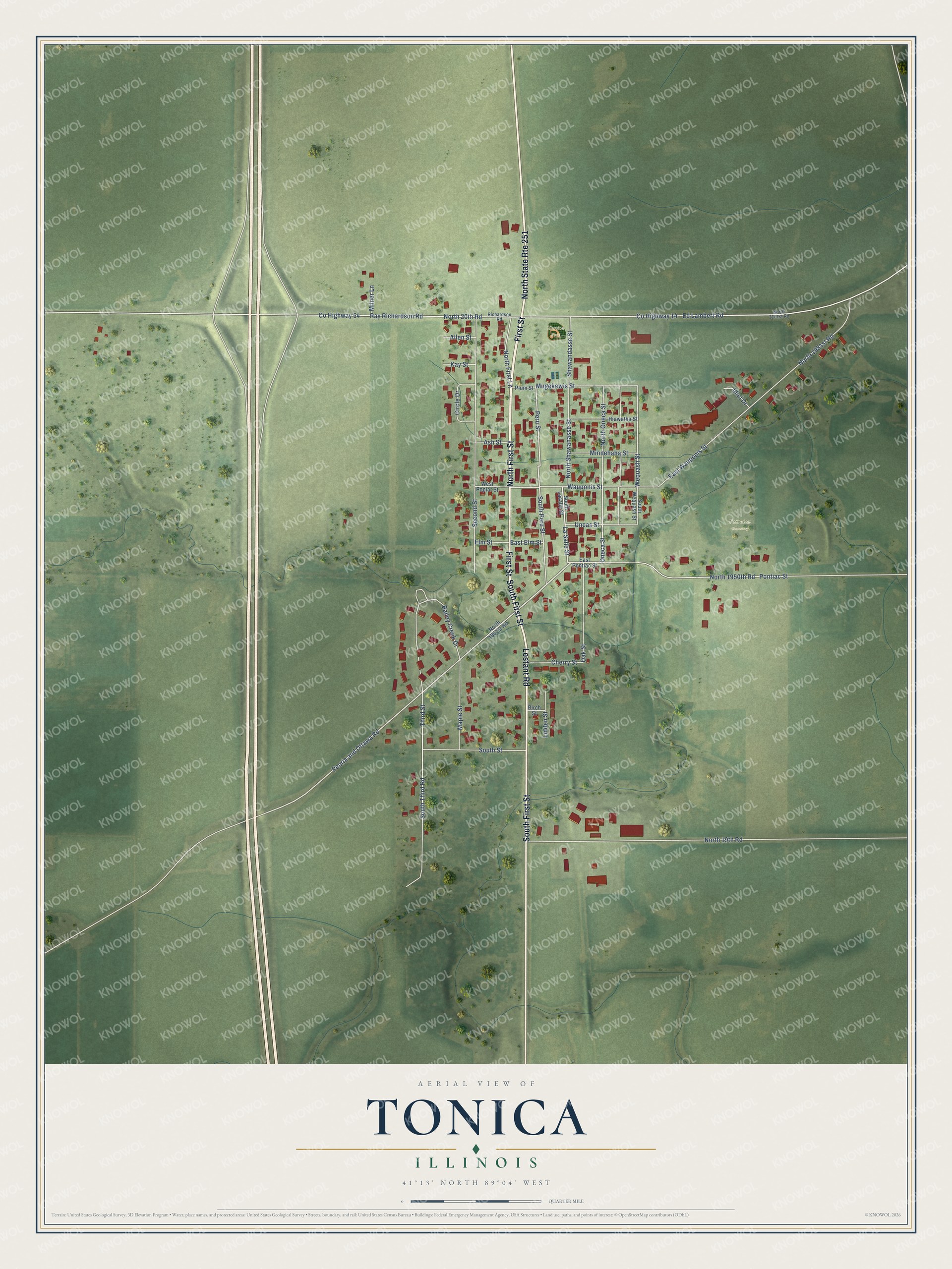 Full map of Tonica, Illinois, with red buildings, printed street names and the land around them
