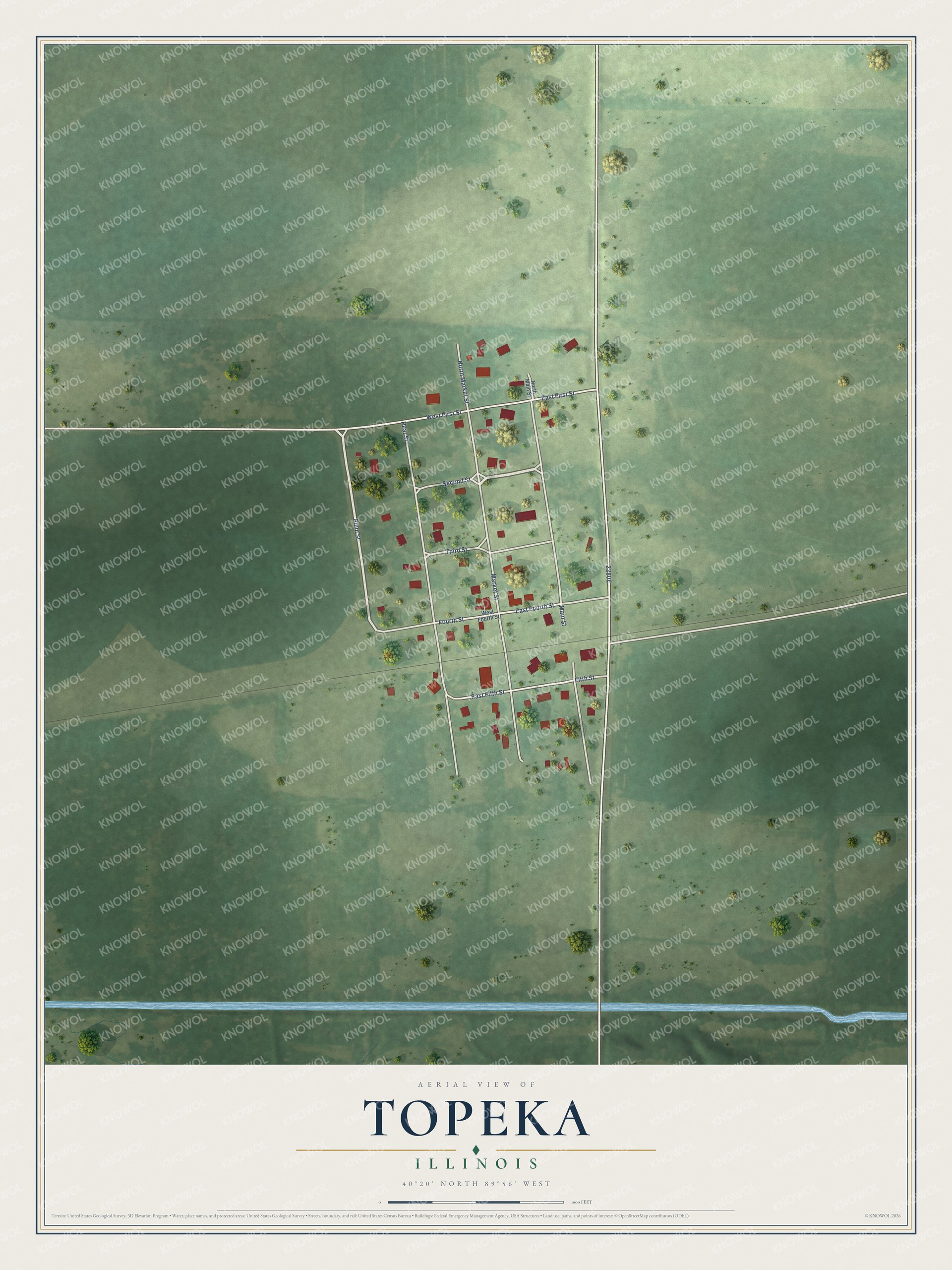 Full map of Topeka, Illinois, with red buildings, printed street names and the land around them