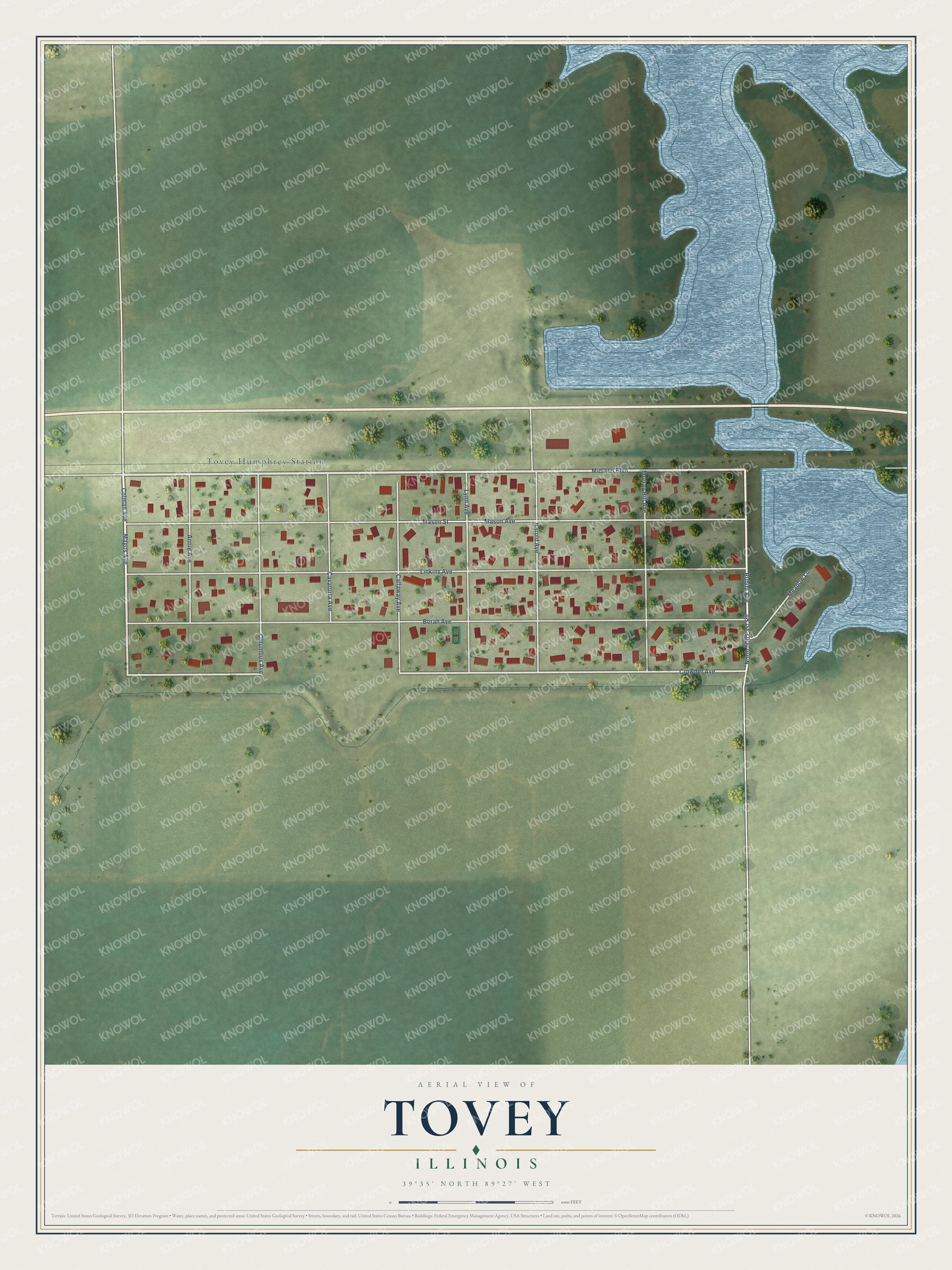 Full map of Tovey, Illinois, with red buildings, printed street names and the land around them