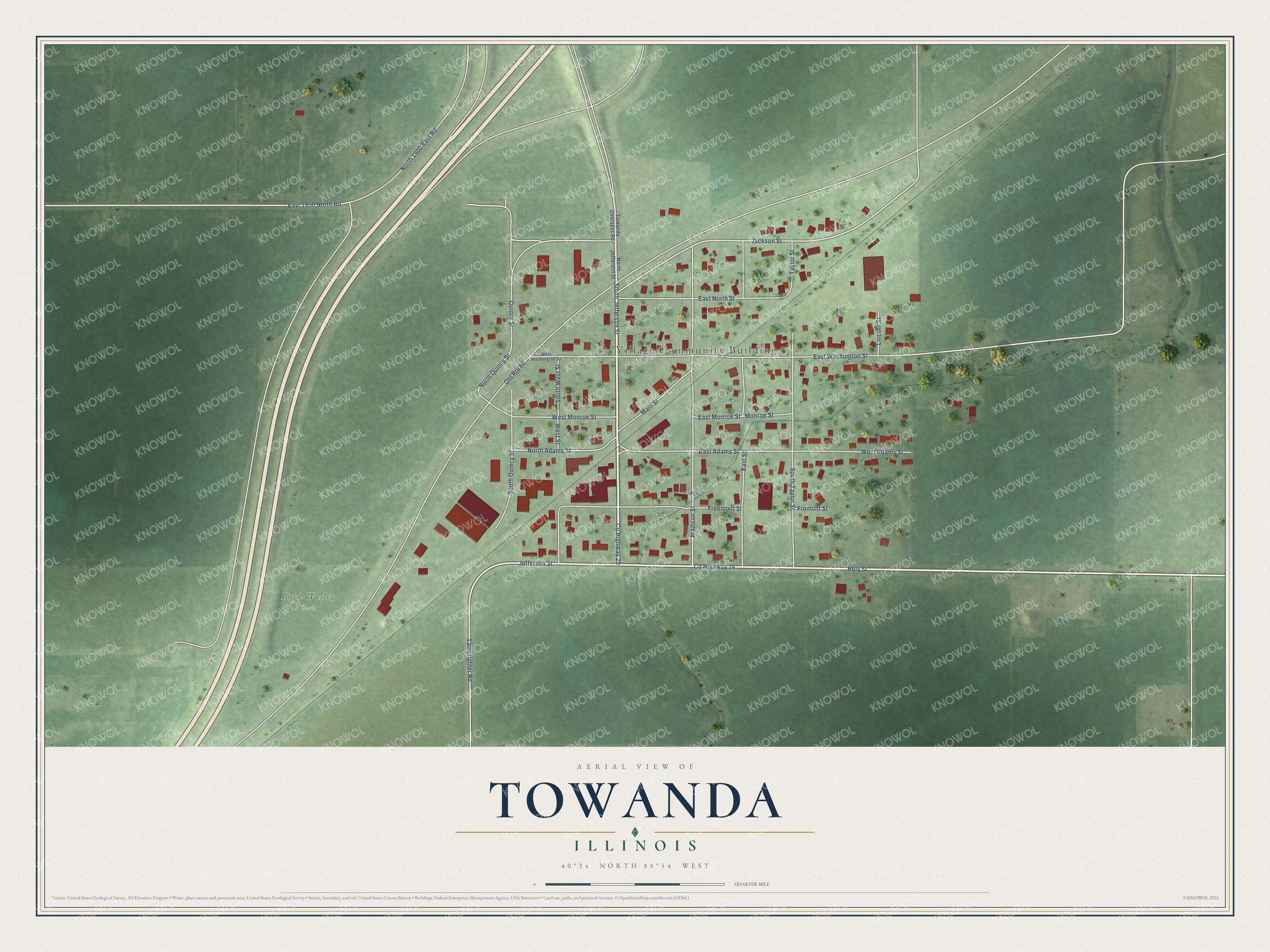 Full map of Towanda, Illinois, with red buildings, printed street names and the land around them