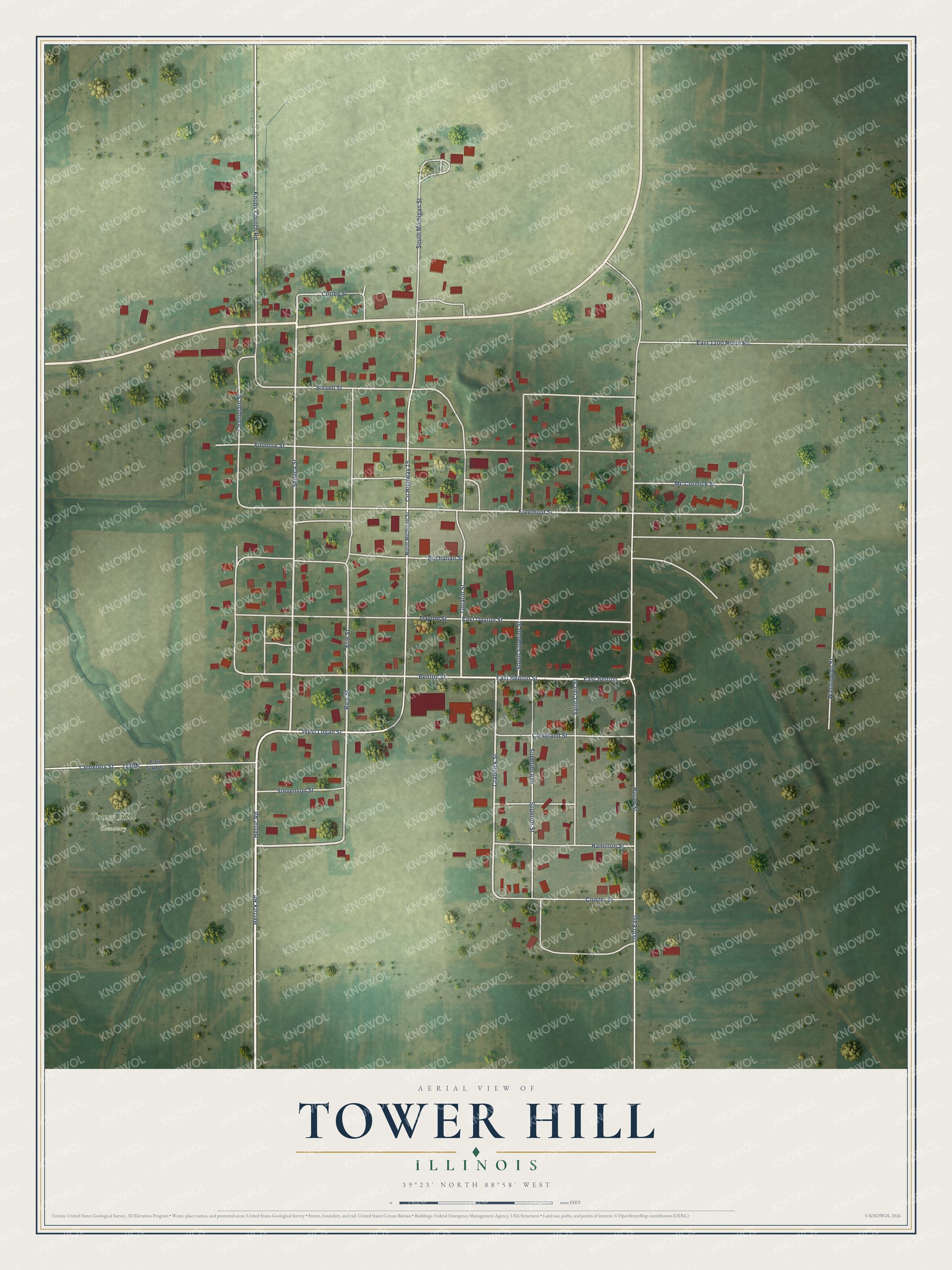 Full map of Tower Hill, Illinois, with red buildings, printed street names and the land around them