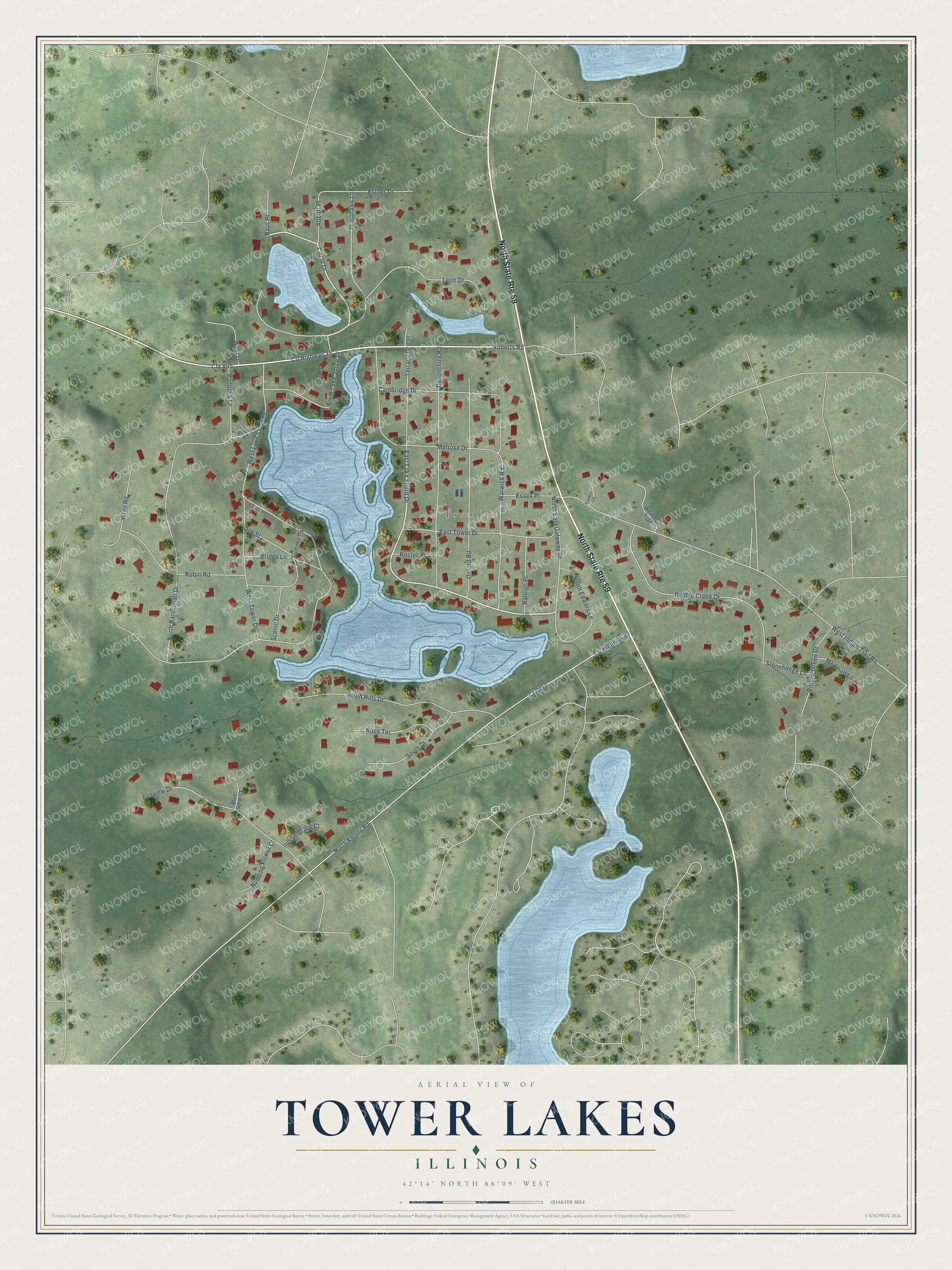 Full map of Tower Lakes, Illinois, with red buildings, printed street names and the land around them
