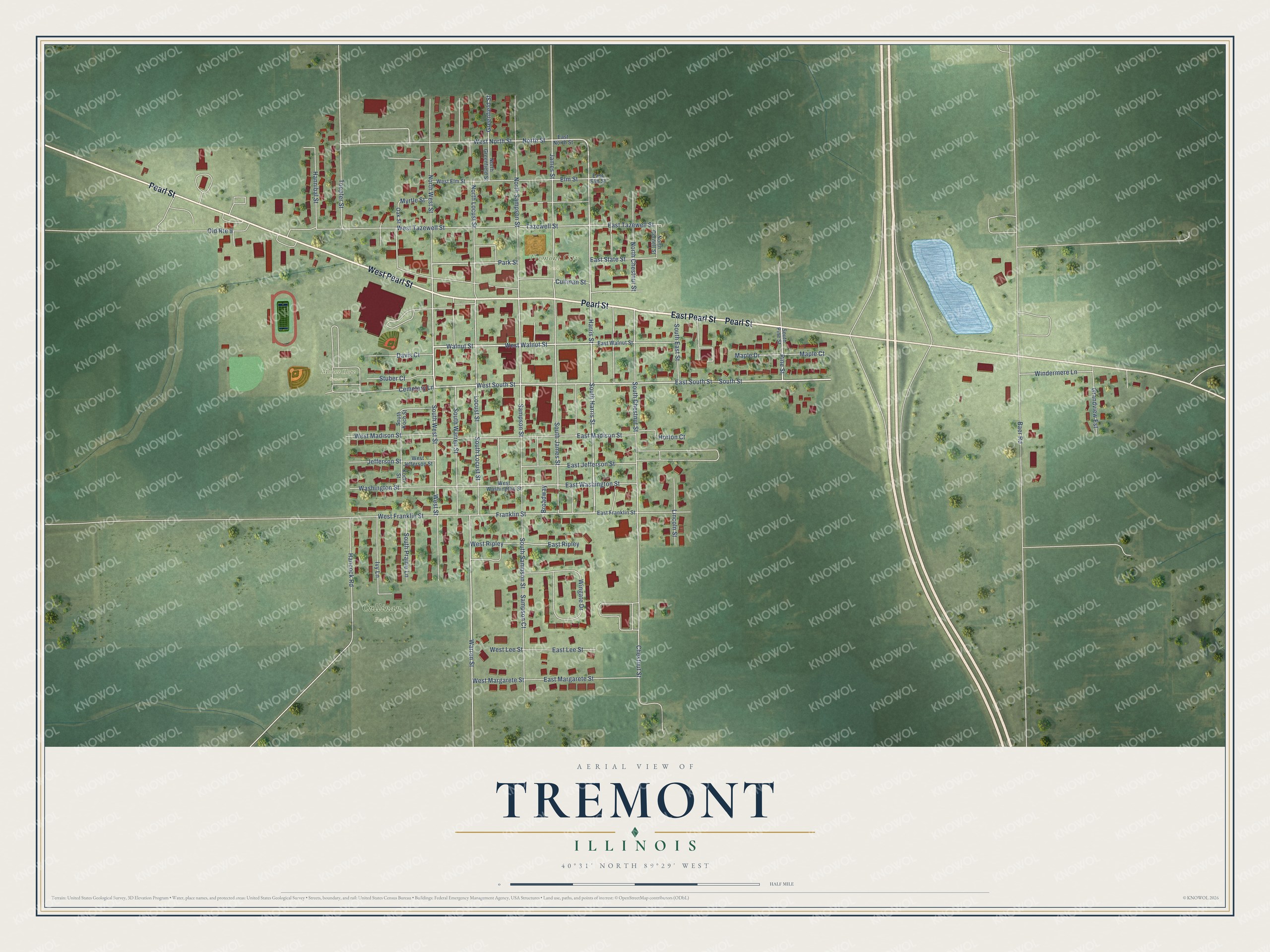 Full map of Tremont, Illinois, with red buildings, printed street names and the land around them